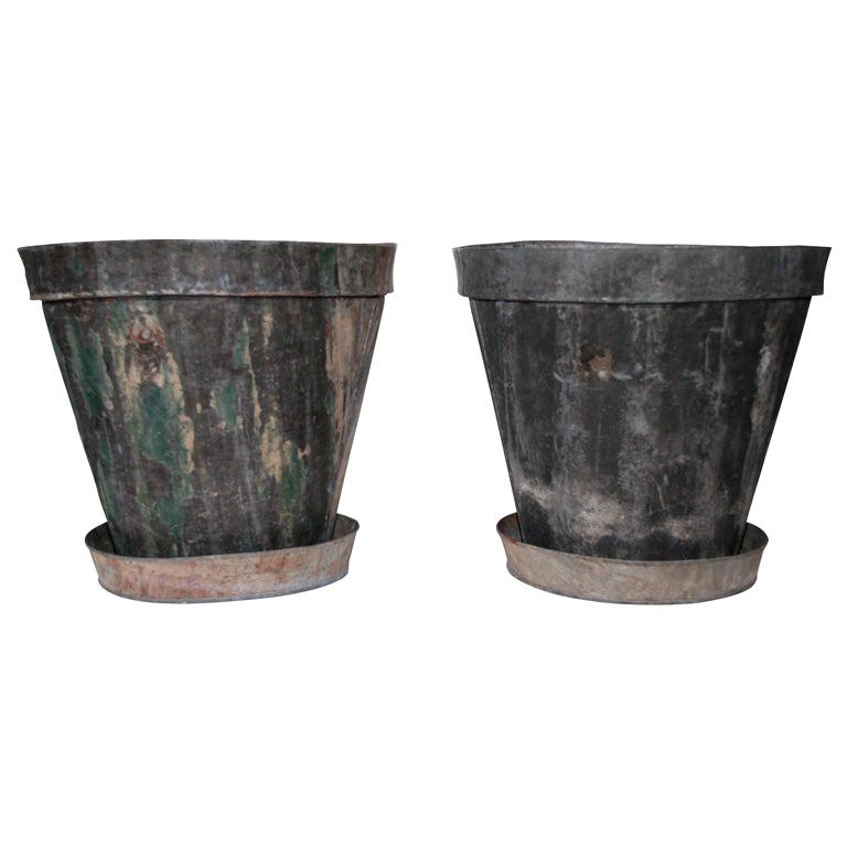 Pair of 20th Century Large Steel Cache Pots with Saucers