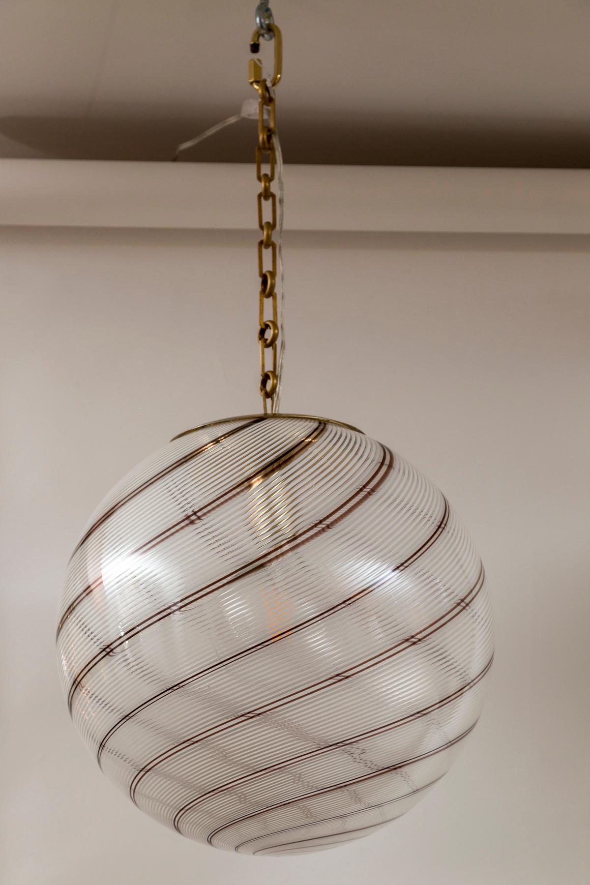 Mid-Century Modern Pair Of 20th Century Large Swirl Globe Shaped Pendants In The Style Of Venini