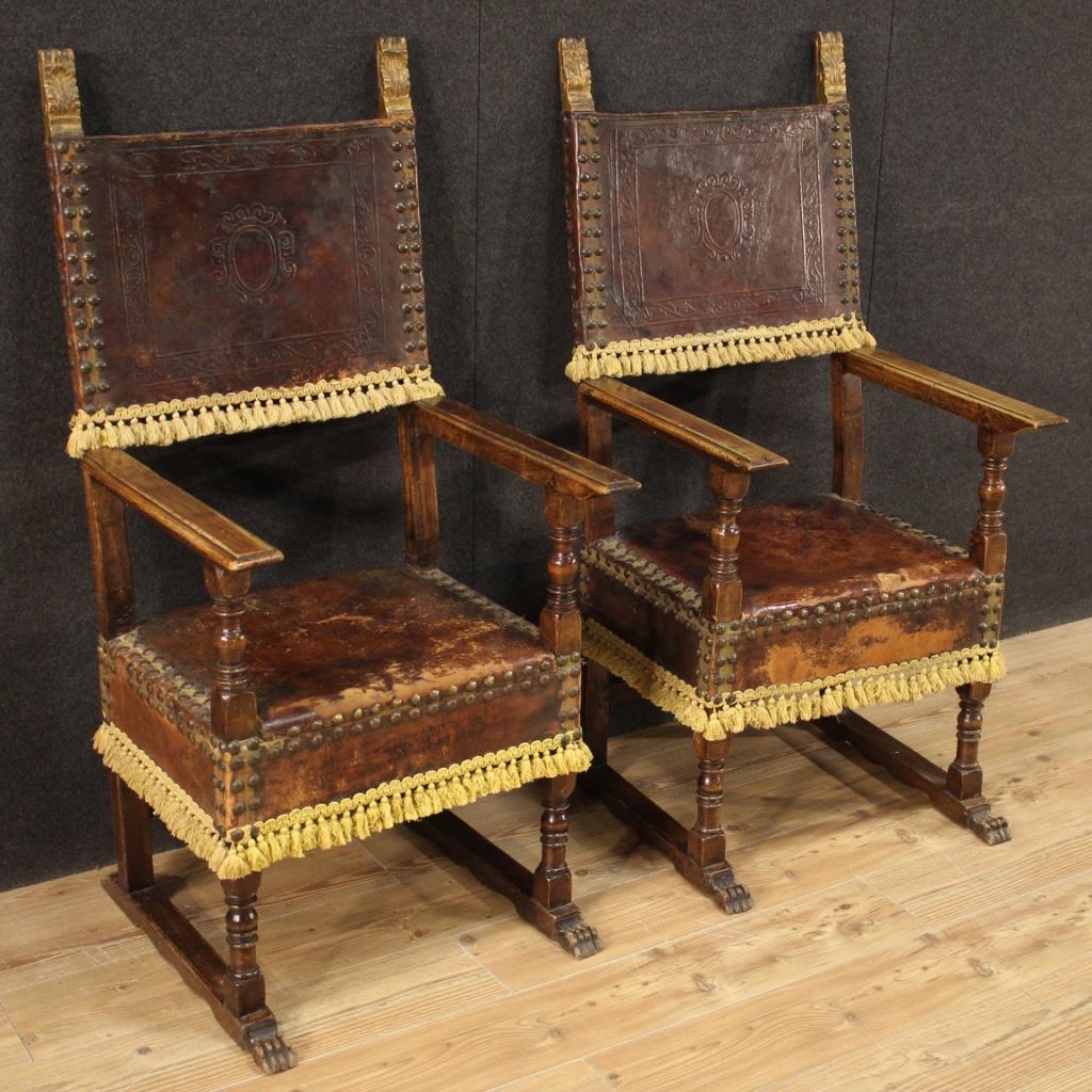 Pair of 20th Century Leather and Wood Italian Armchairs, 1950 In Good Condition In Vicoforte, Piedmont