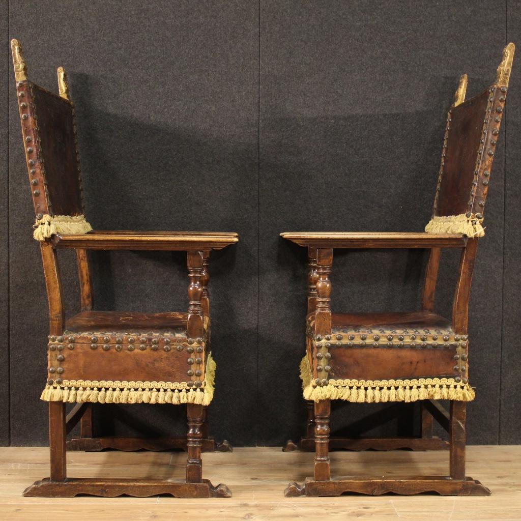 Pair of 20th Century Leather and Wood Italian Armchairs, 1950 4