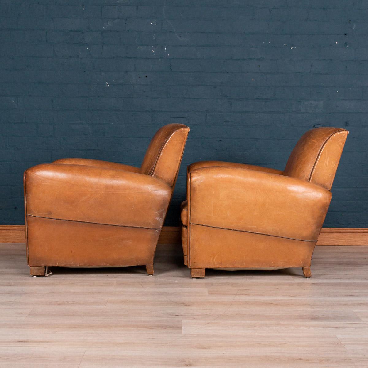 French Pair of 20th Century Leather Club Chairs, circa 1930
