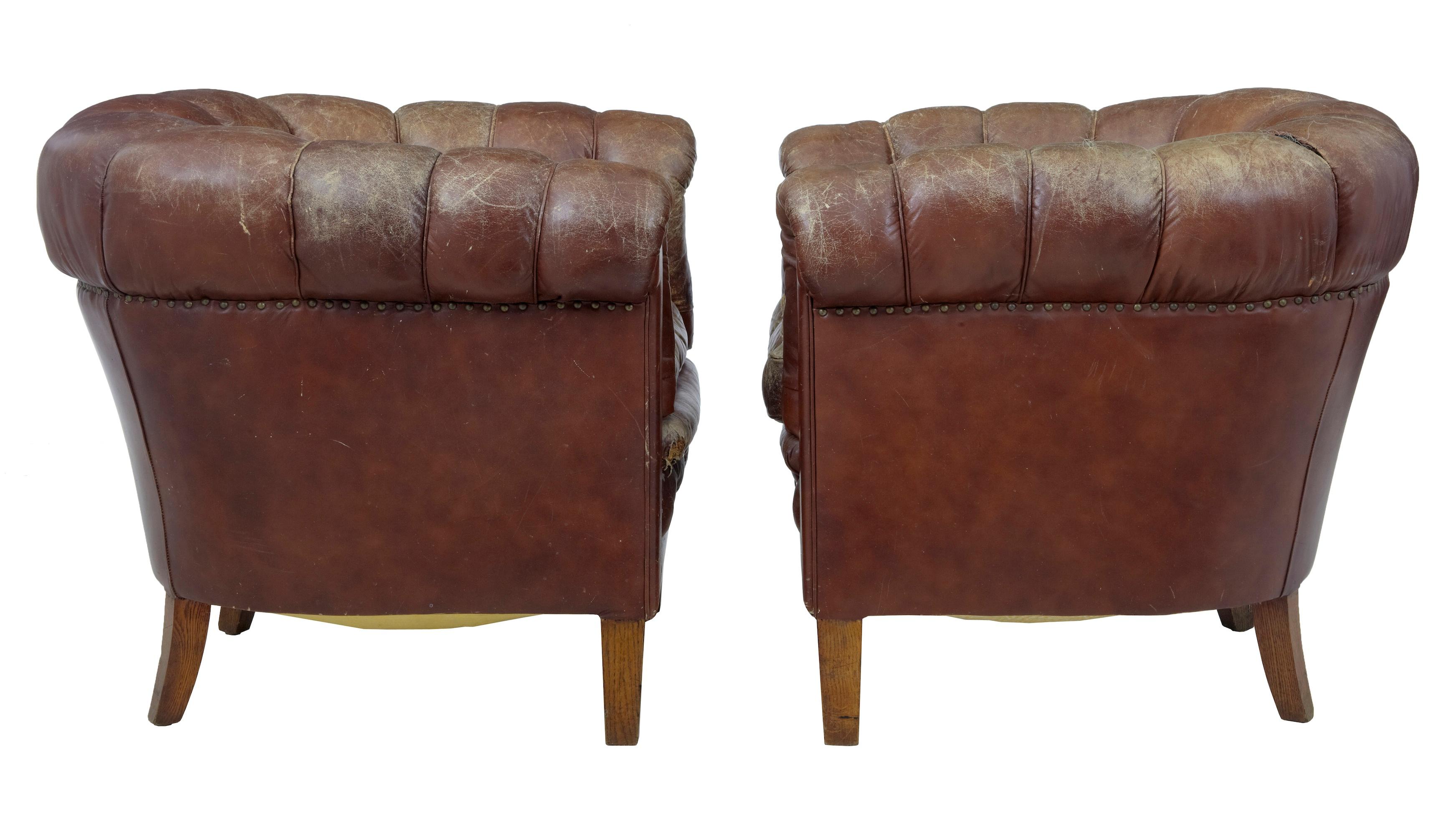 Swedish Pair of 20th Century Leather Lounge Armchairs