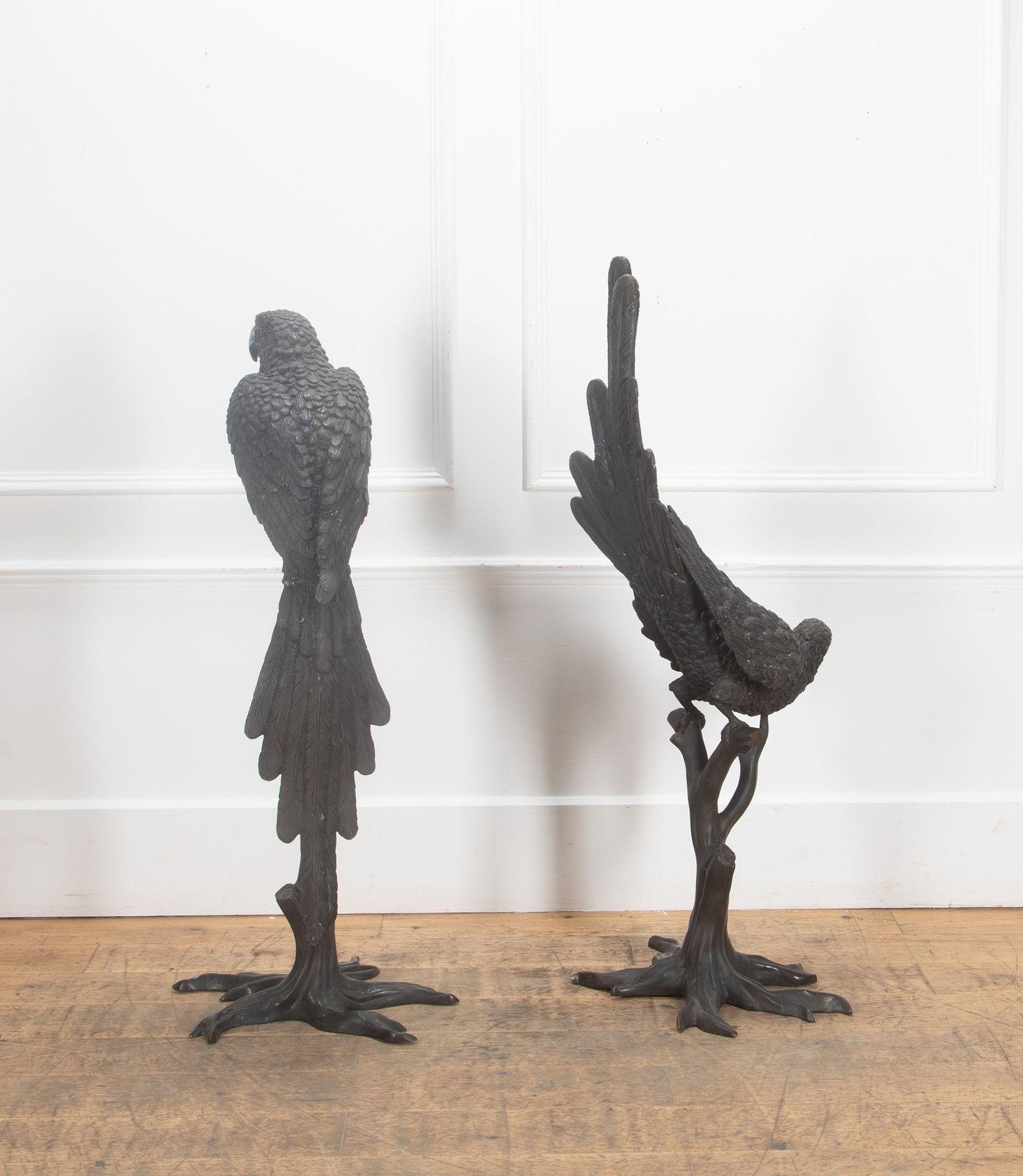 An impressive pair of late 20th Century life-size bronze beautifully detailed and elegant macaw birds. 
In the Art Deco style and in immaculate condition.
Excellent patination, making these birds perfect decorative pieces for home or garden.
