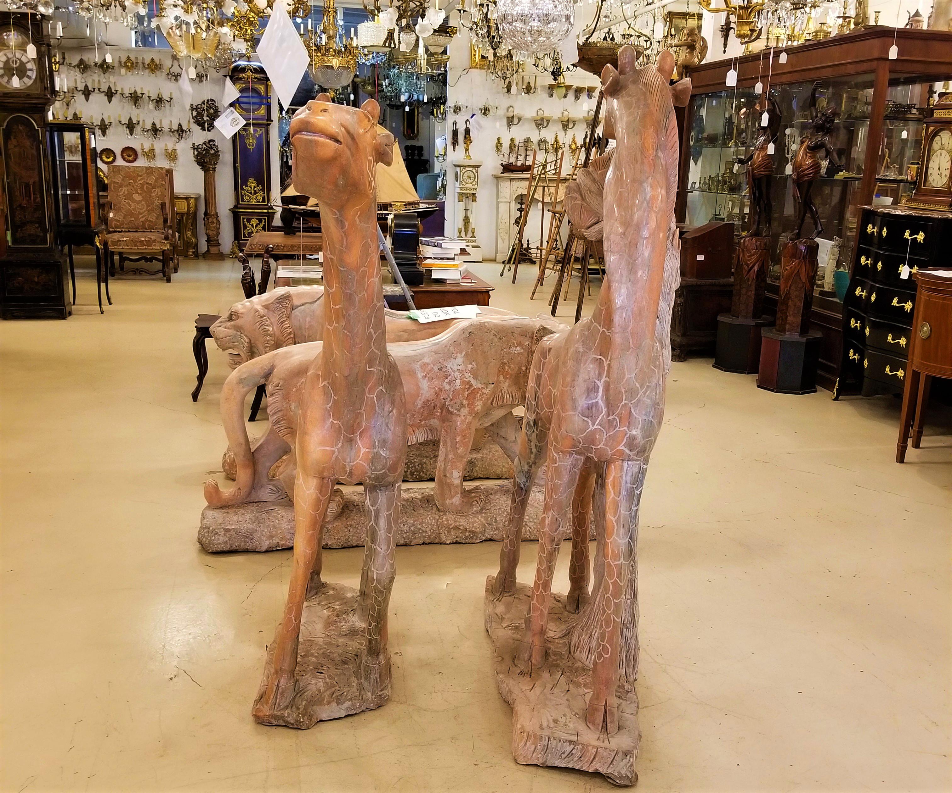 Chinese Pair of 20th Century Life Size Pink Striated Marble Baby Giraffes For Sale