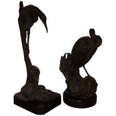 Pair of 20th Century Lost Wax Bronze Gray Herons, Italy Naples, 1930