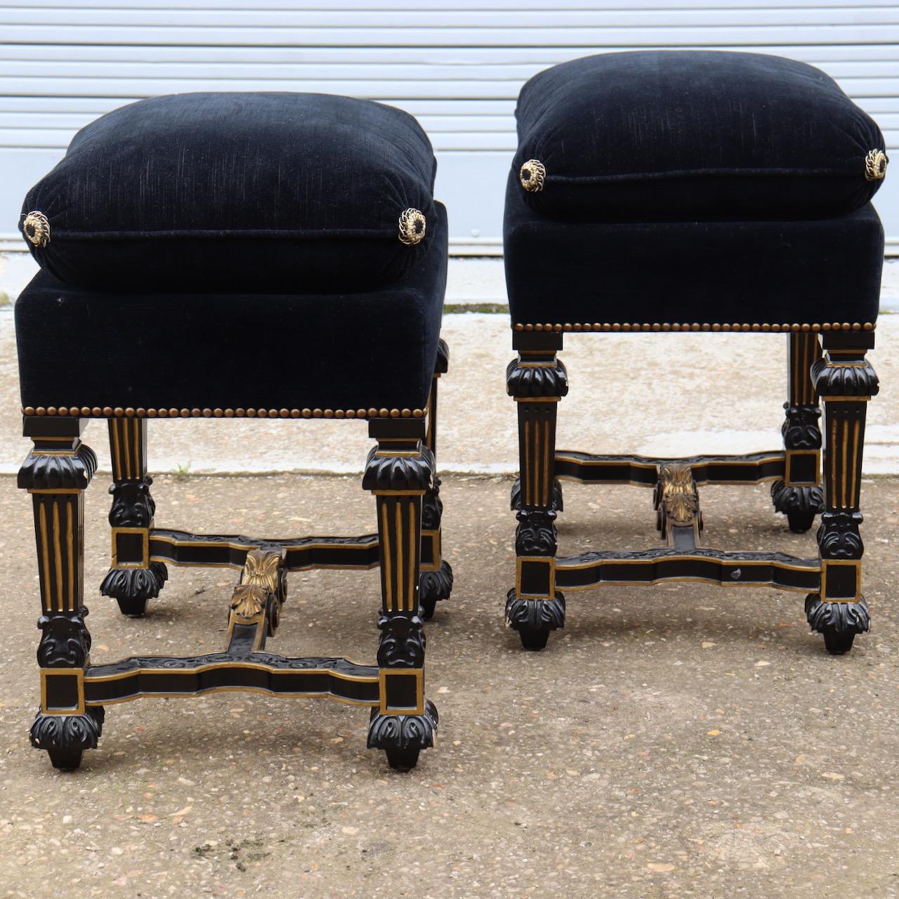 Carved Pair of 20th Century Louis XIV Style Vintage Benches