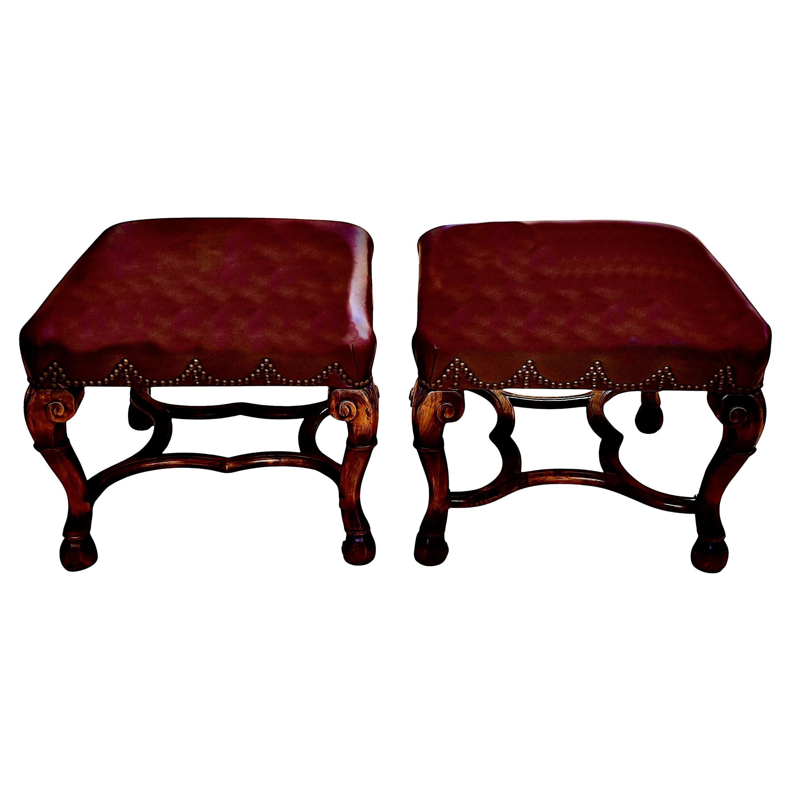 Pair of 20th-century, Louis XIV Style Walnut Ottomans For Sale