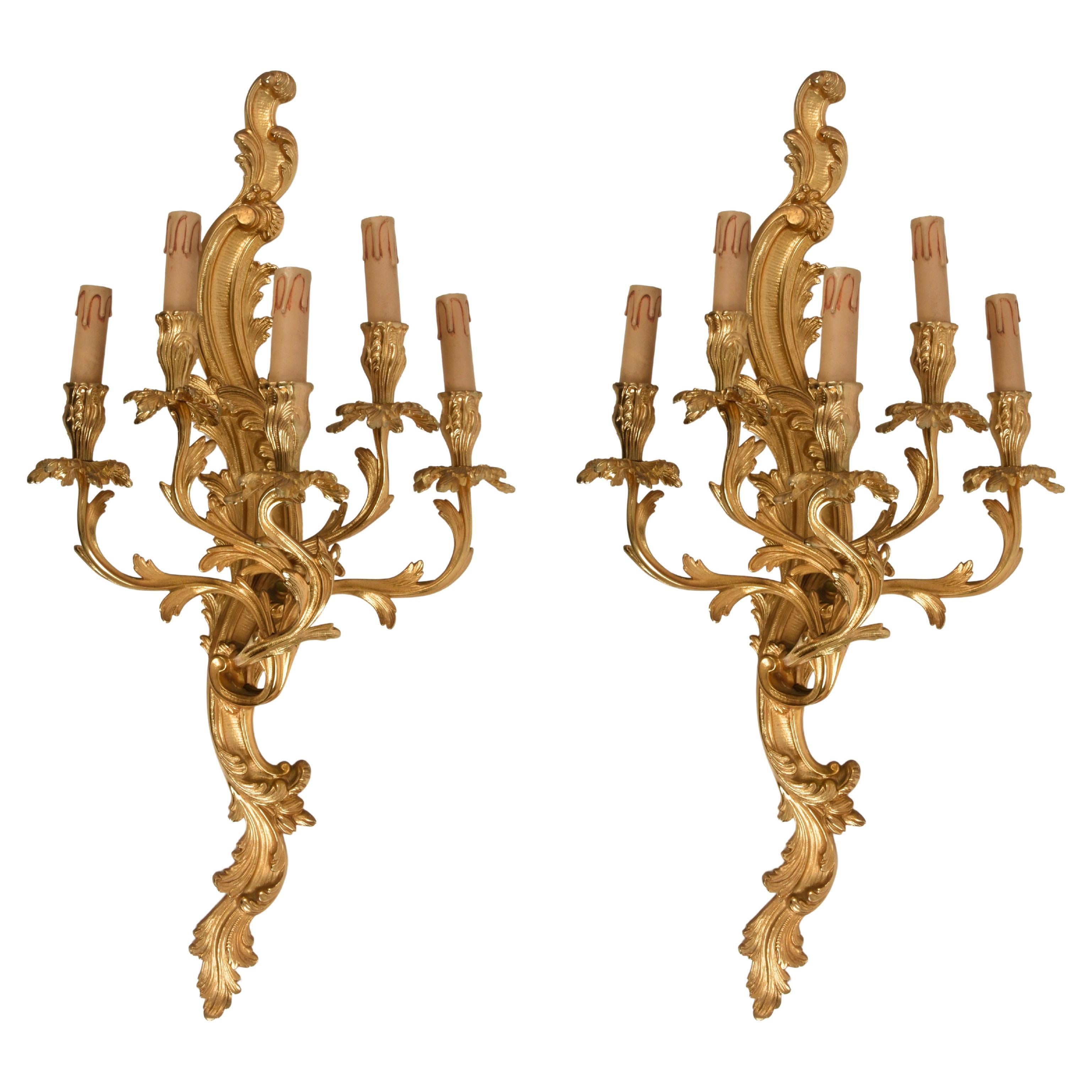 Pair of 20th Century Louis XV Style Gilded Bronze Ormolu French Wall Lights