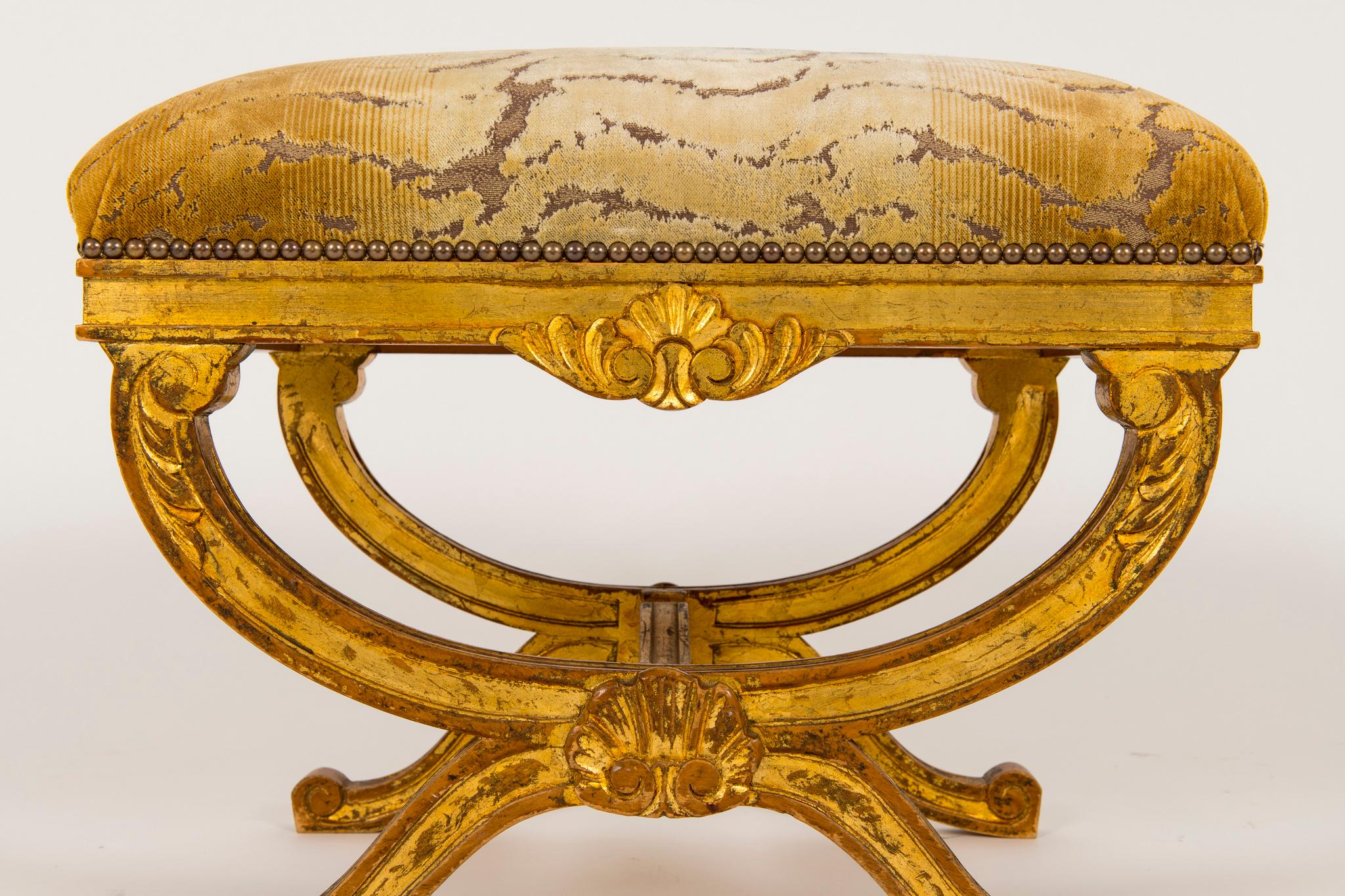 Pair of 20th Century Louis XV Style Giltwood Tiger Velvet Tabouret In Excellent Condition In Houston, TX