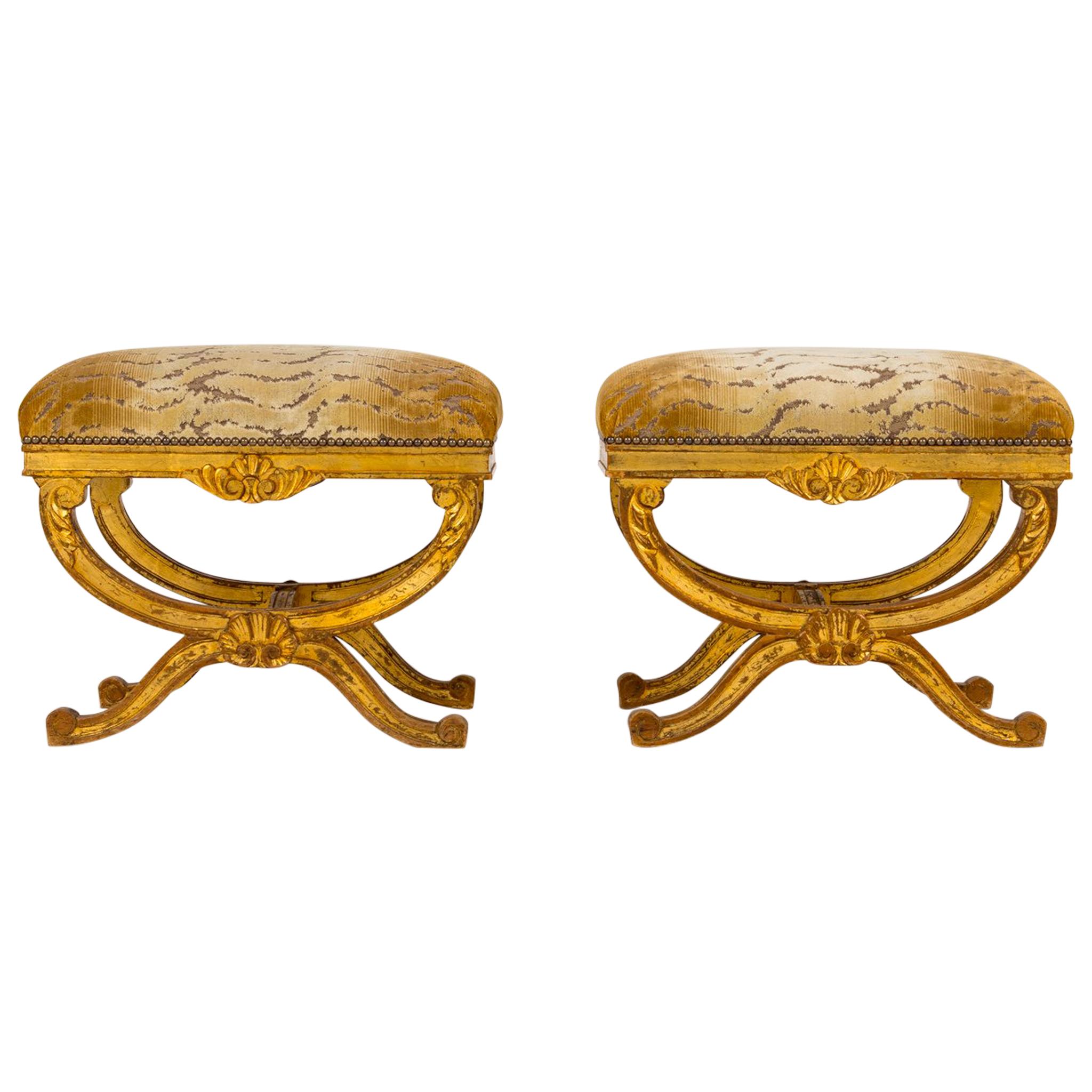 Pair of 20th Century Louis XV Style Giltwood Tiger Velvet Tabouret