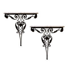 Pair of 20th Century Louis XV Style Iron Wall Mount Consoles, White Marble Tops