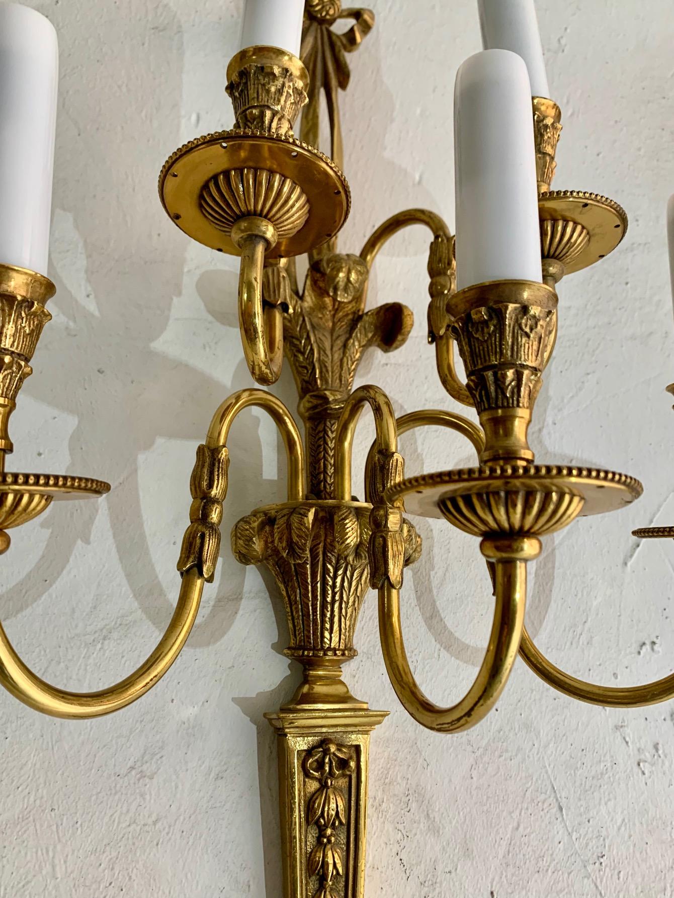 Pair of 20th Century Louis XVI Style Gilt Bronze Five Lights Wall Sconces For Sale 6