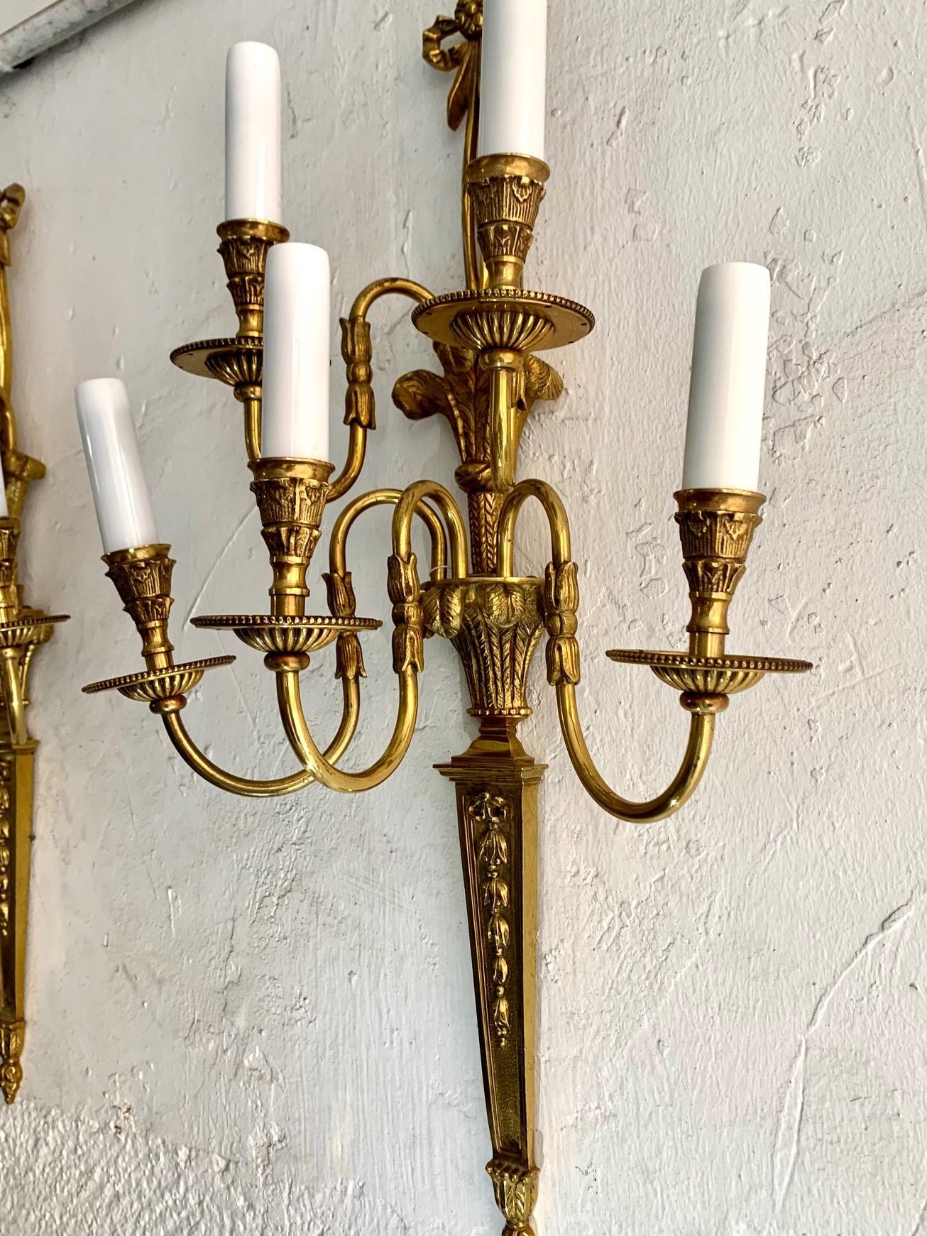 Pair of 20th Century Louis XVI Style Gilt Bronze Five Lights Wall Sconces For Sale 7