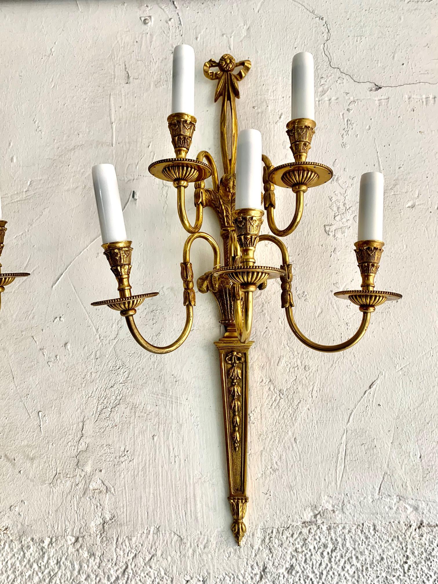 Pair of 20th Century Louis XVI Style Gilt Bronze Five Lights Wall Sconces For Sale 8