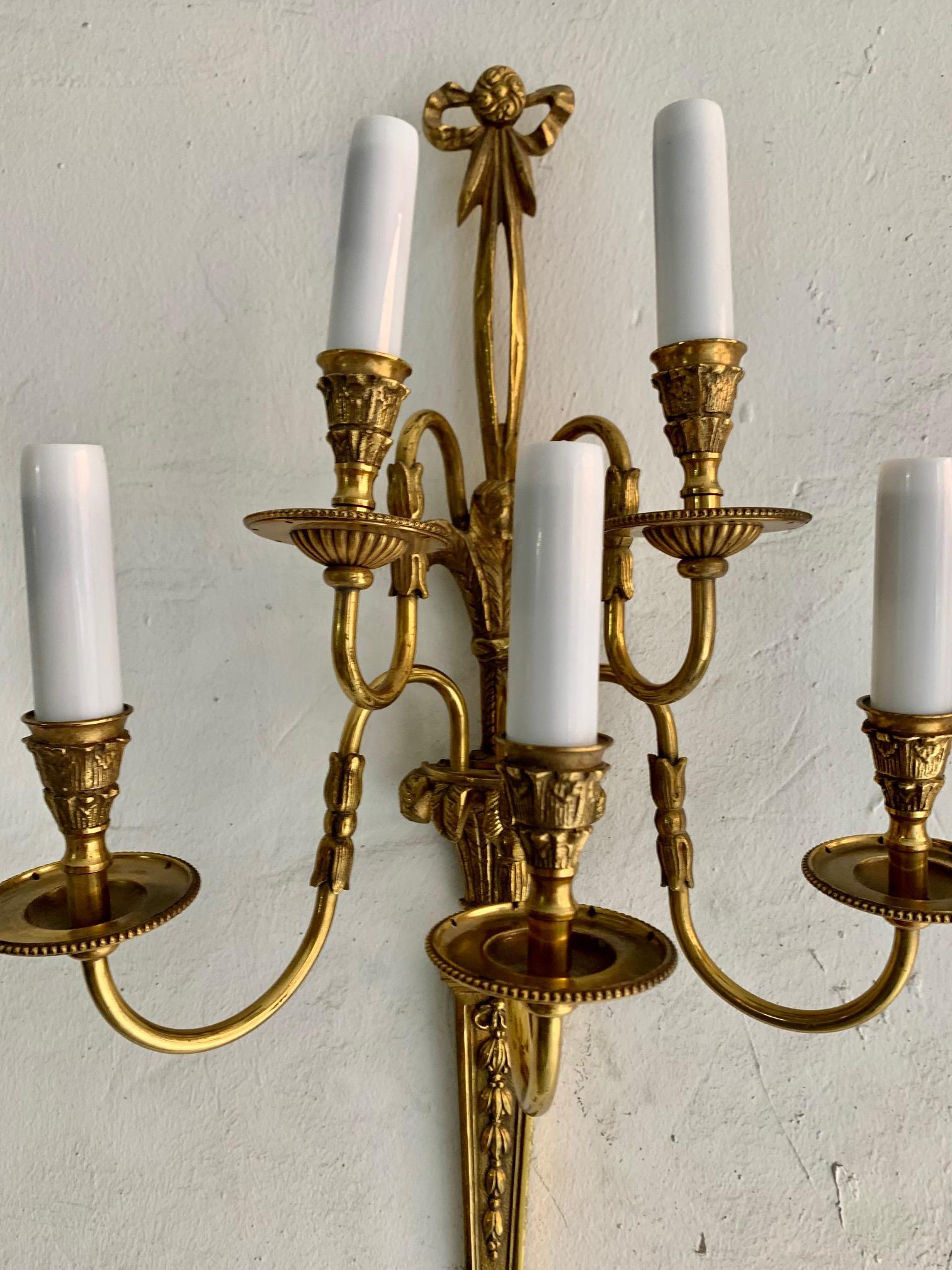 Pair of 20th Century Louis XVI Style Gilt Bronze Five Lights Wall Sconces For Sale 9