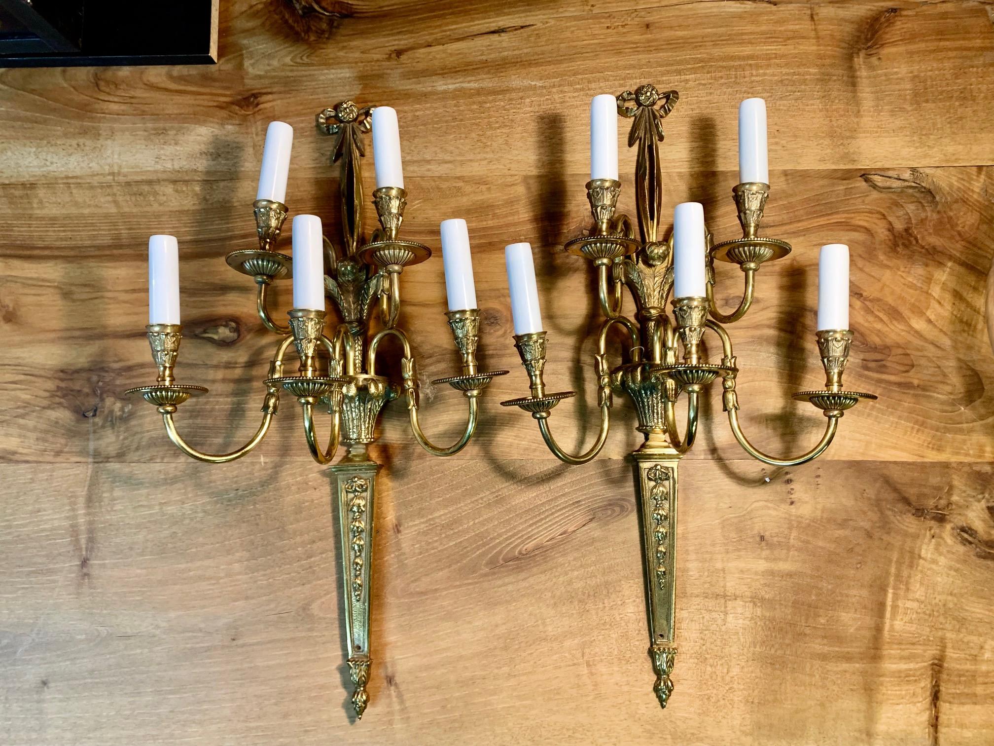 Pair of 20th Century Louis XVI Style Gilt Bronze Five Lights Wall Sconces For Sale 10