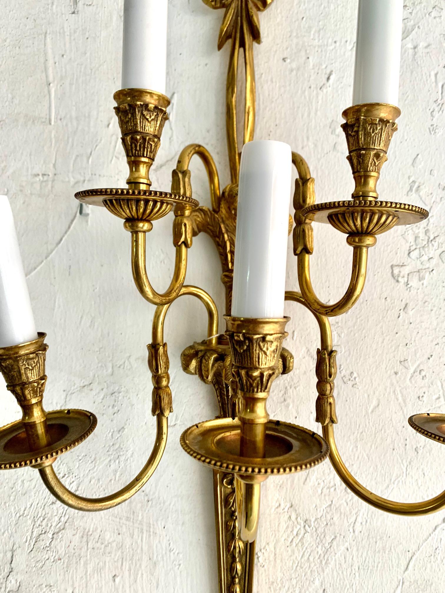Pair of 20th Century Louis XVI Style Gilt Bronze Five Lights Wall Sconces For Sale 11