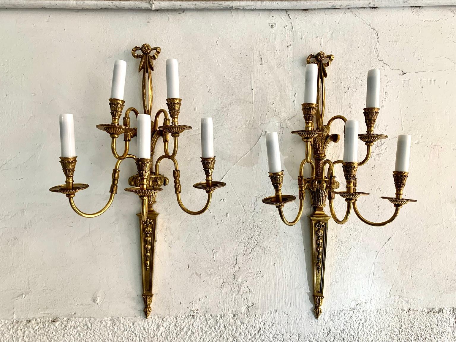 Pair of 20th Century Louis XVI Style Gilt Bronze Five Lights Wall Sconces For Sale 12