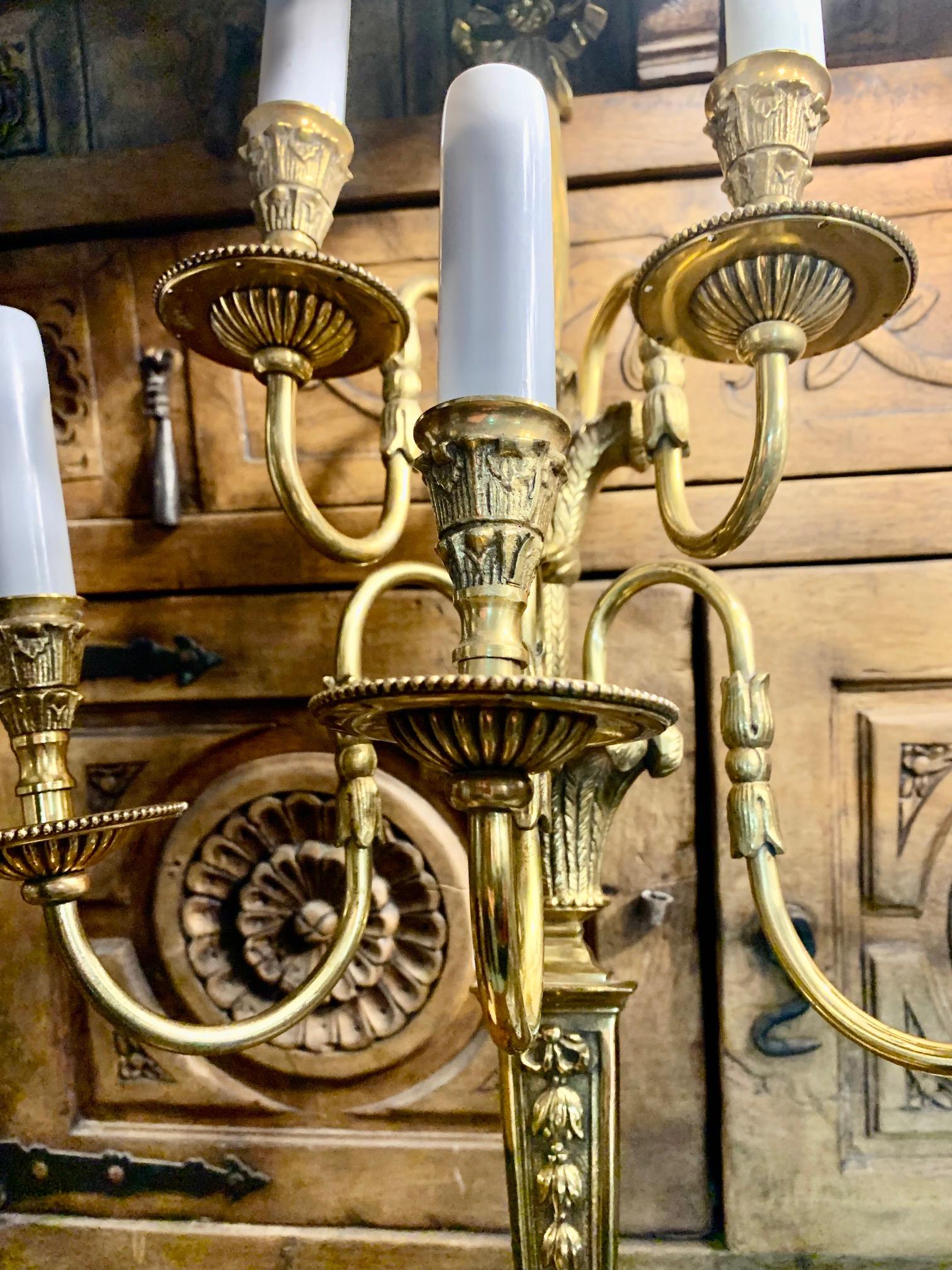 Pair of 20th Century Louis XVI Style Gilt Bronze Five Lights Wall Sconces For Sale 13