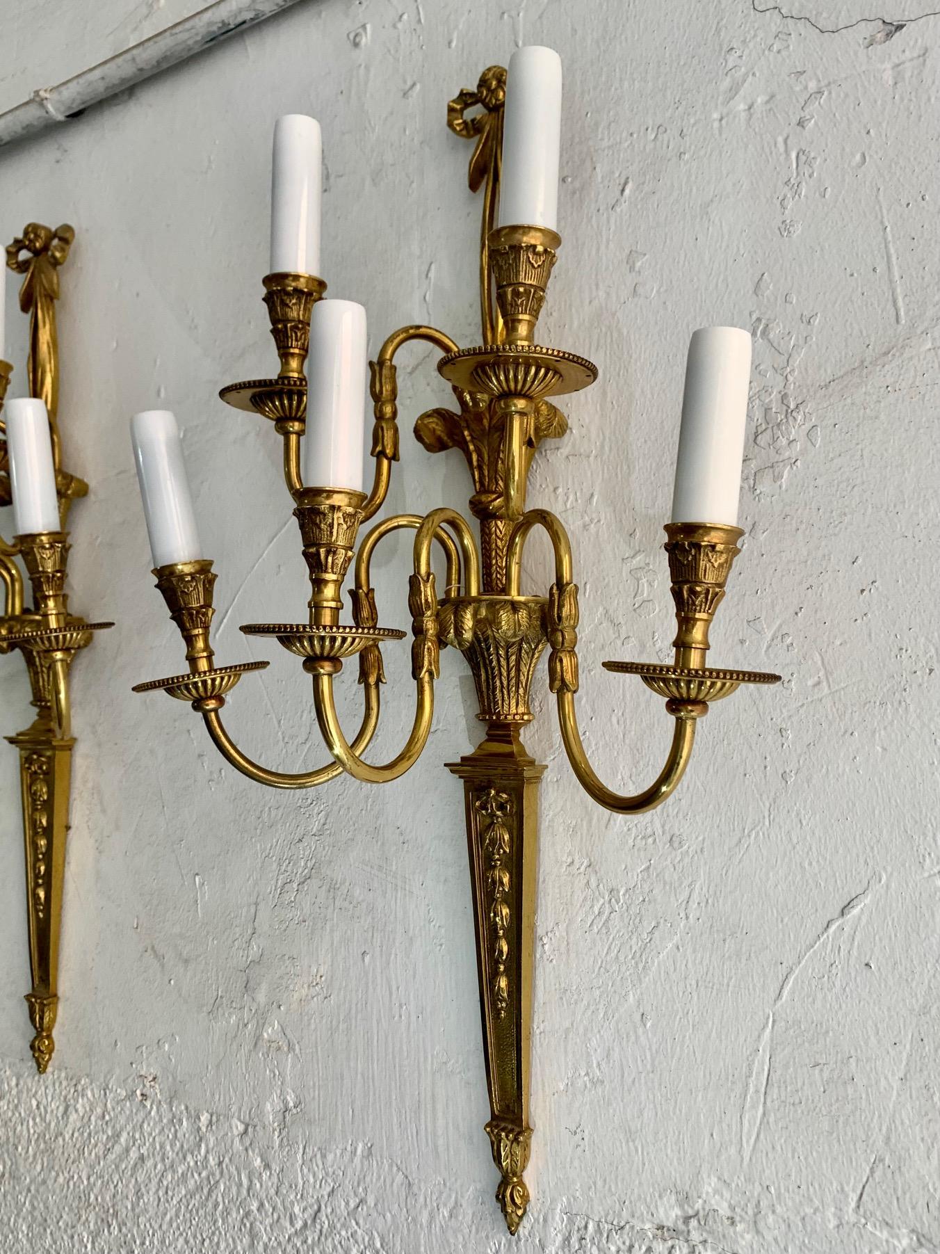 Pair of 20th Century Louis XVI Style Gilt Bronze Five Lights Wall Sconces For Sale 14