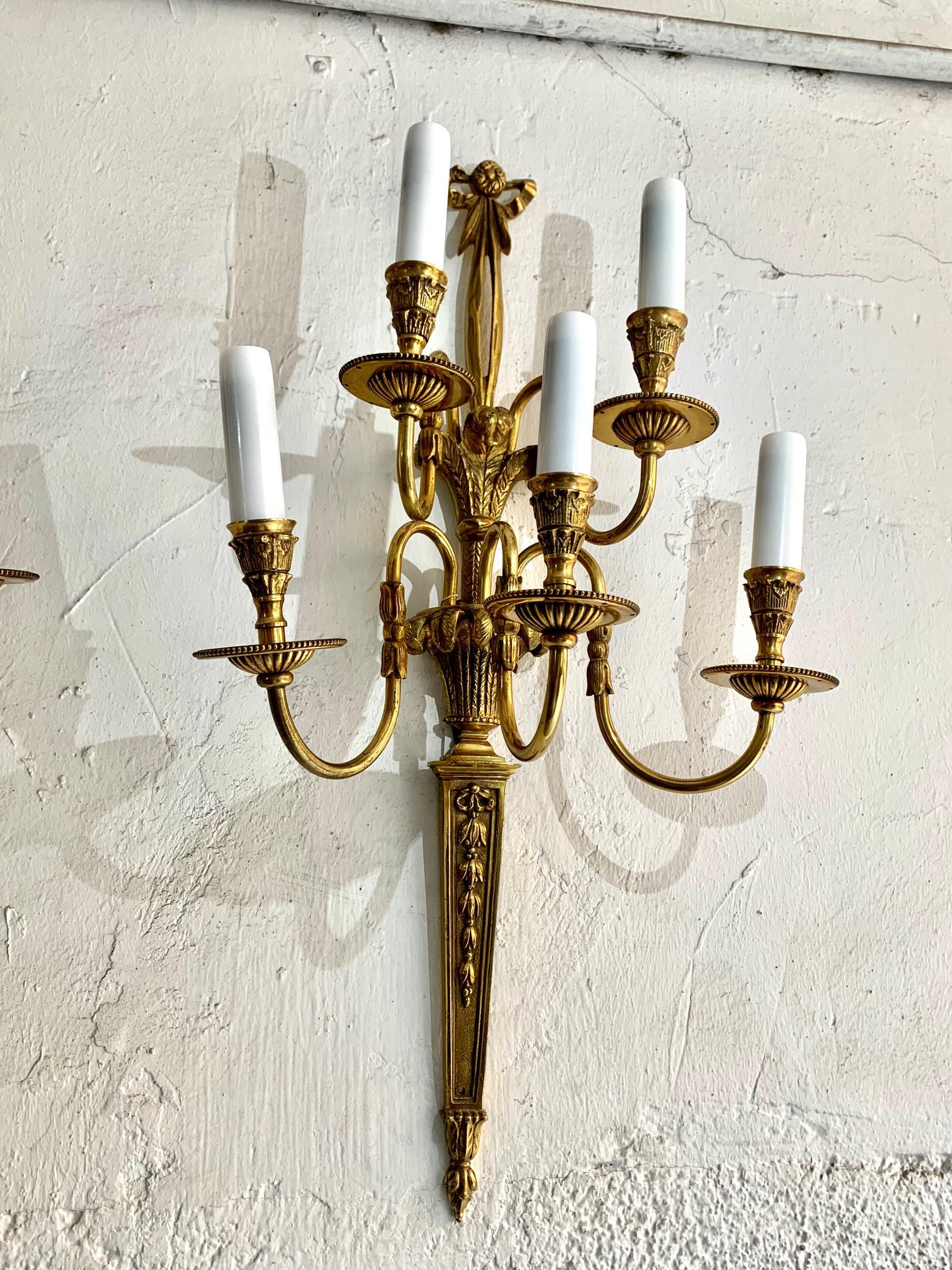 Spanish Pair of 20th Century Louis XVI Style Gilt Bronze Five Lights Wall Sconces For Sale