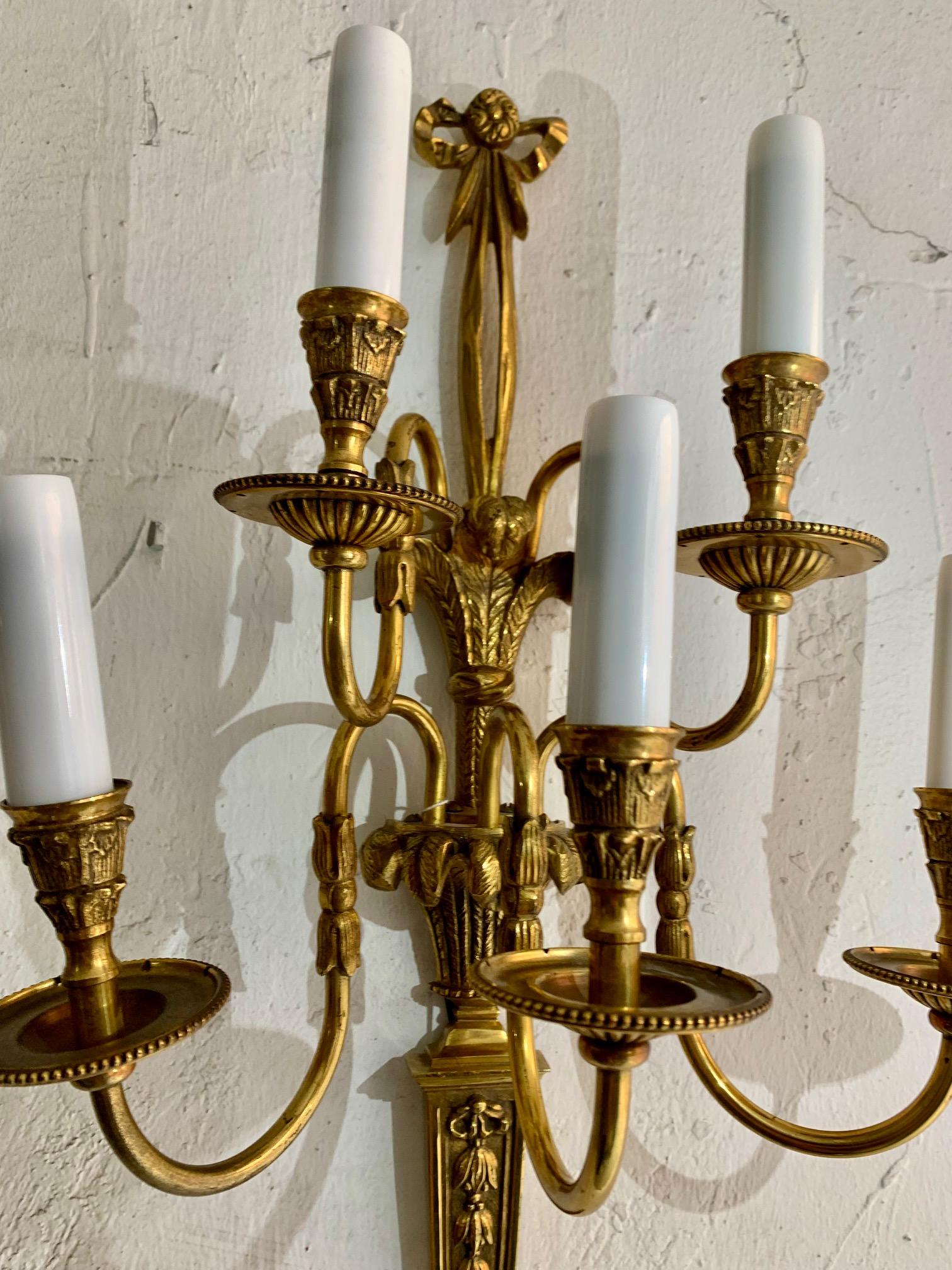 Pair of 20th Century Louis XVI Style Gilt Bronze Five Lights Wall Sconces For Sale 2