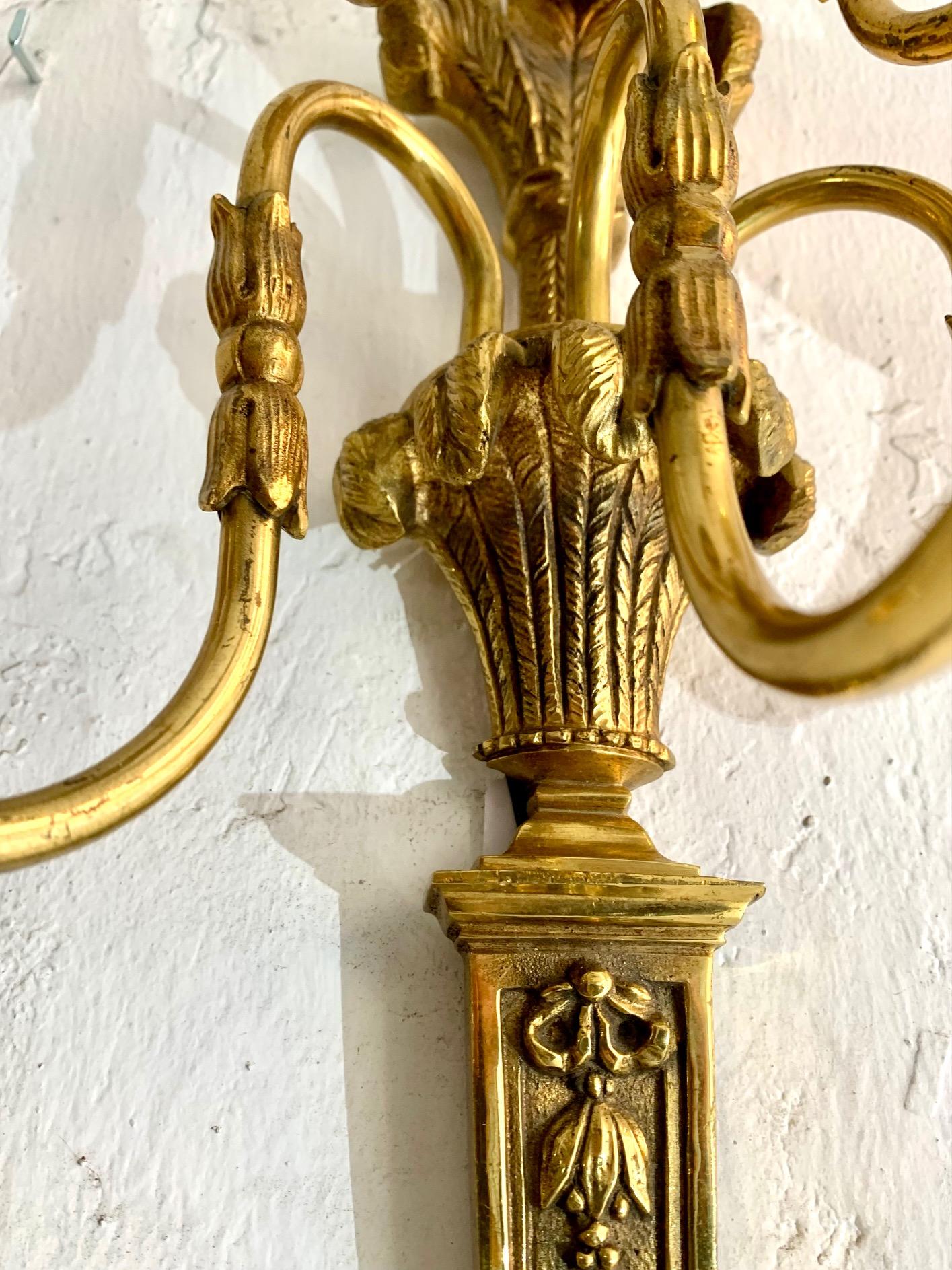 Pair of 20th Century Louis XVI Style Gilt Bronze Five Lights Wall Sconces For Sale 3