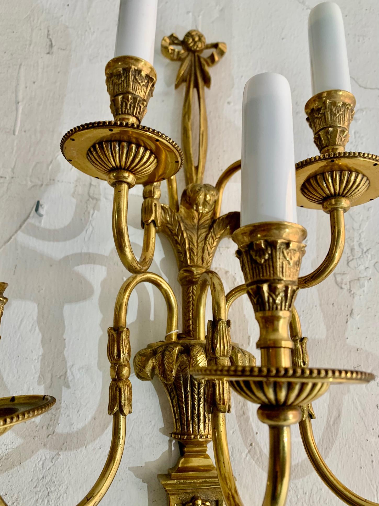 Pair of 20th Century Louis XVI Style Gilt Bronze Five Lights Wall Sconces For Sale 5