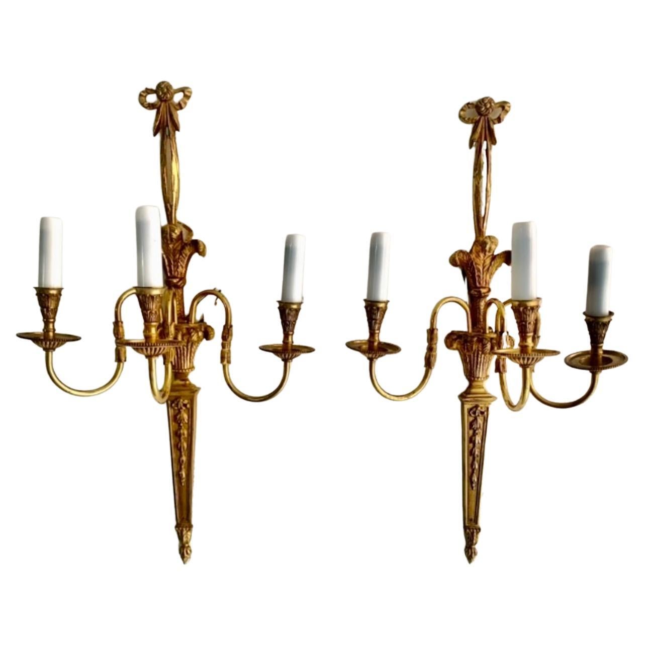 Pair of 20th Century Louis XVI Style Gilt Bronze Three Lights Wall Sconces