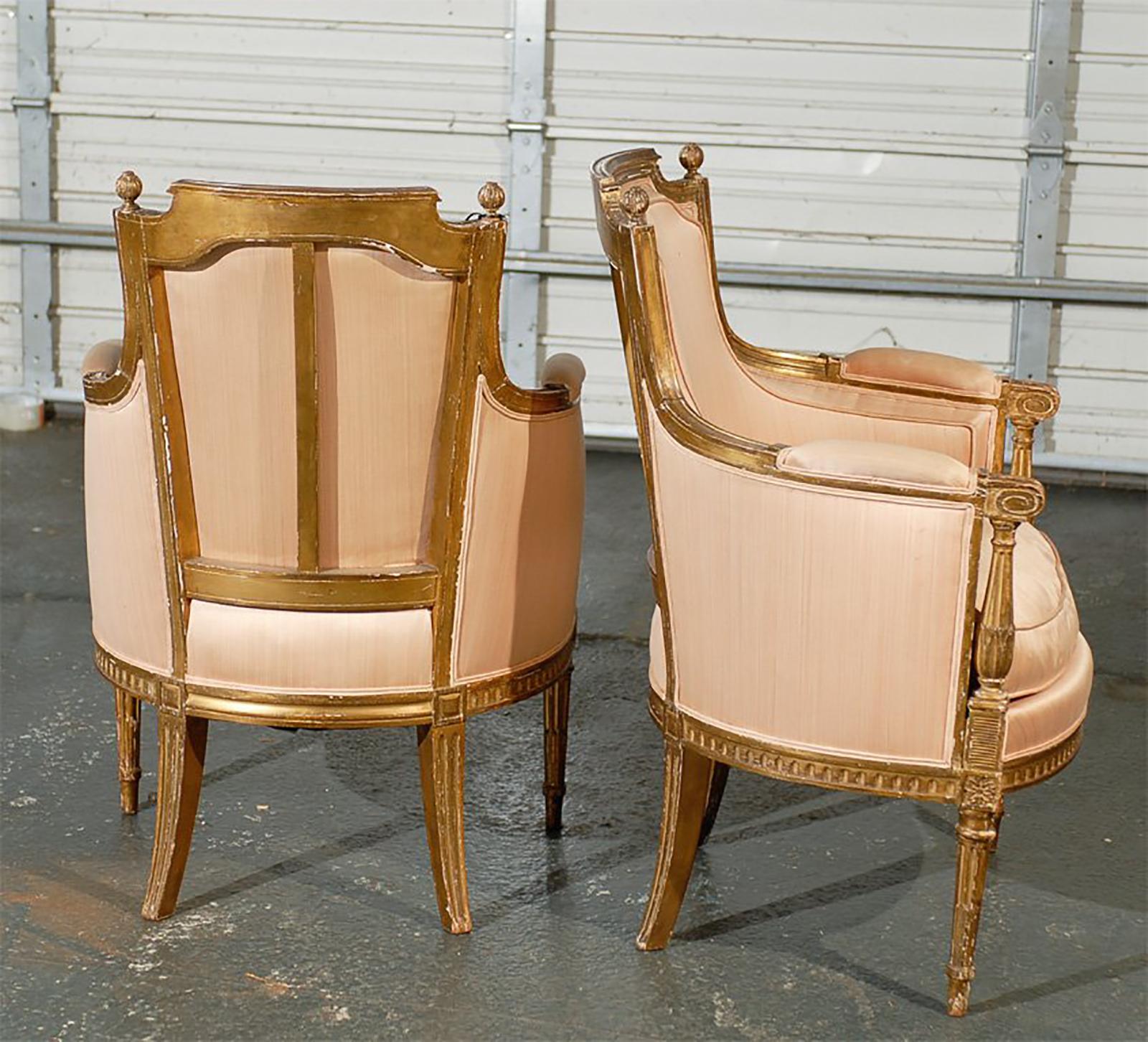 Pair of 20th Century Louis XVI Style Giltwood Bergère Chairs (20. Jahrhundert)
