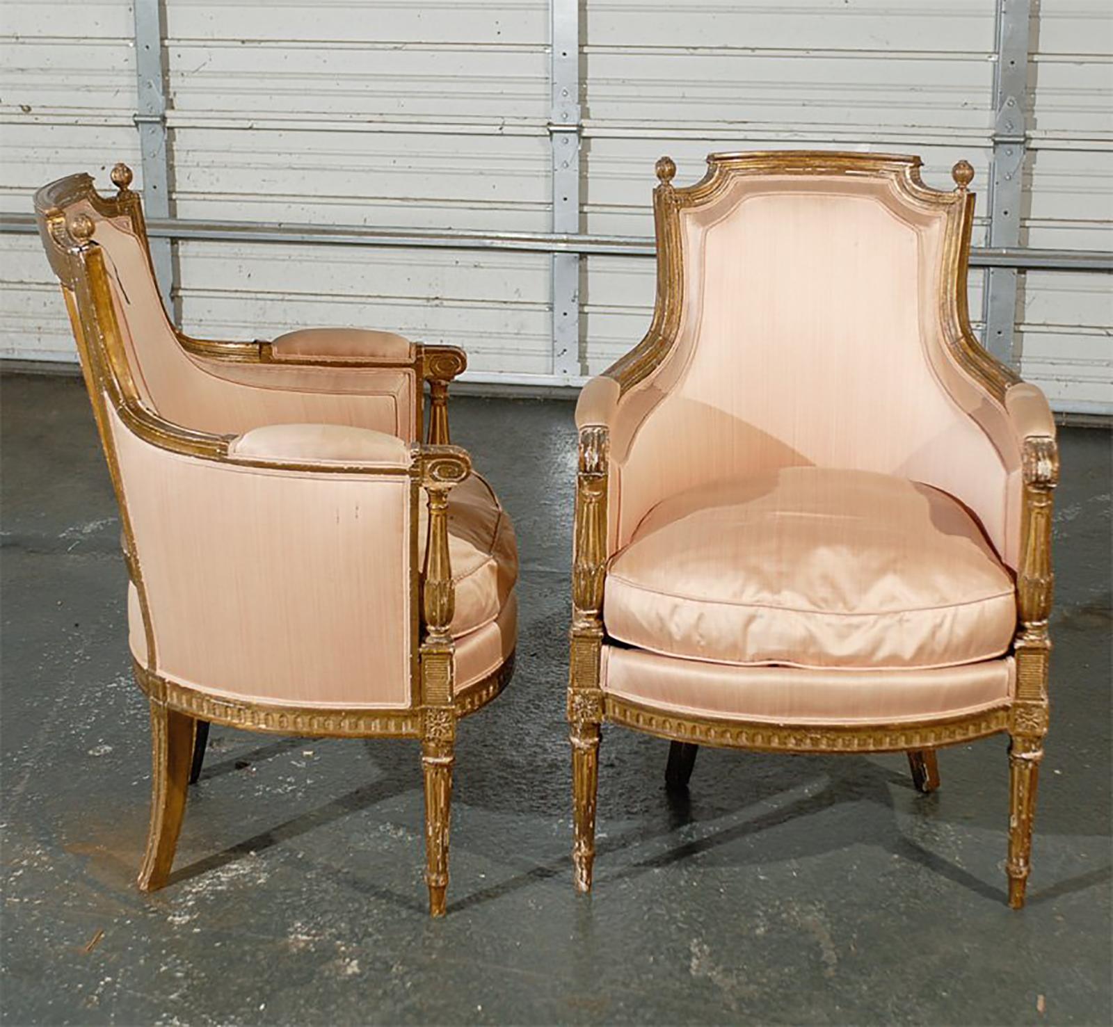 Pair of 20th Century Louis XVI Style Giltwood Bergère Chairs (Vergoldetes Holz)