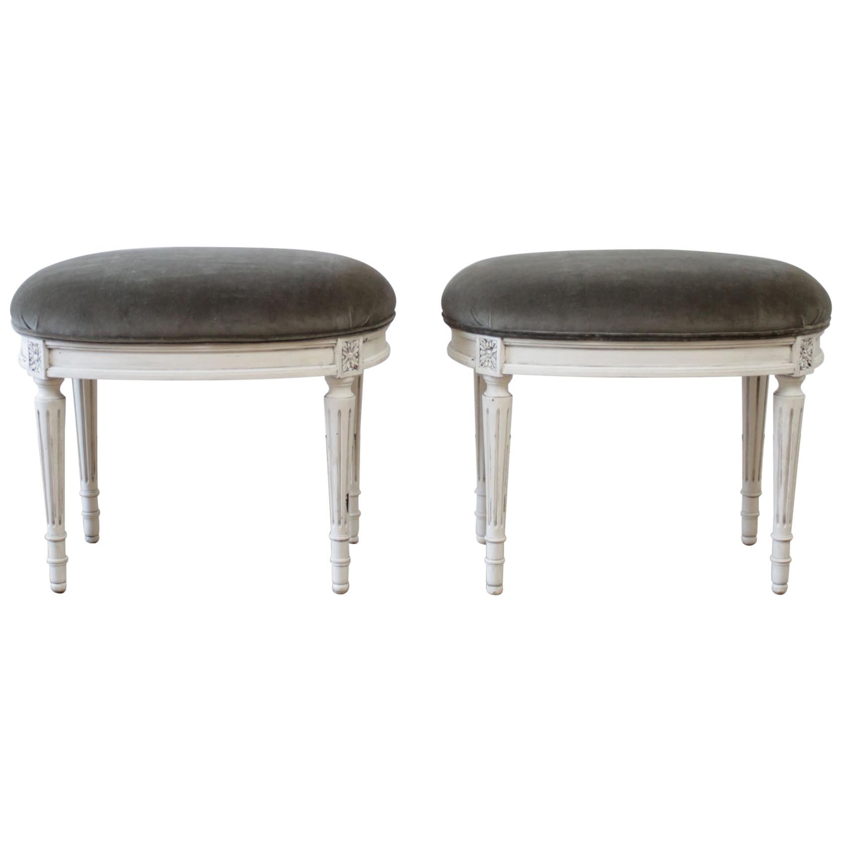 Pair of 20th Century Louis XVI Style Painted and Velvet Upholstered Ottomans