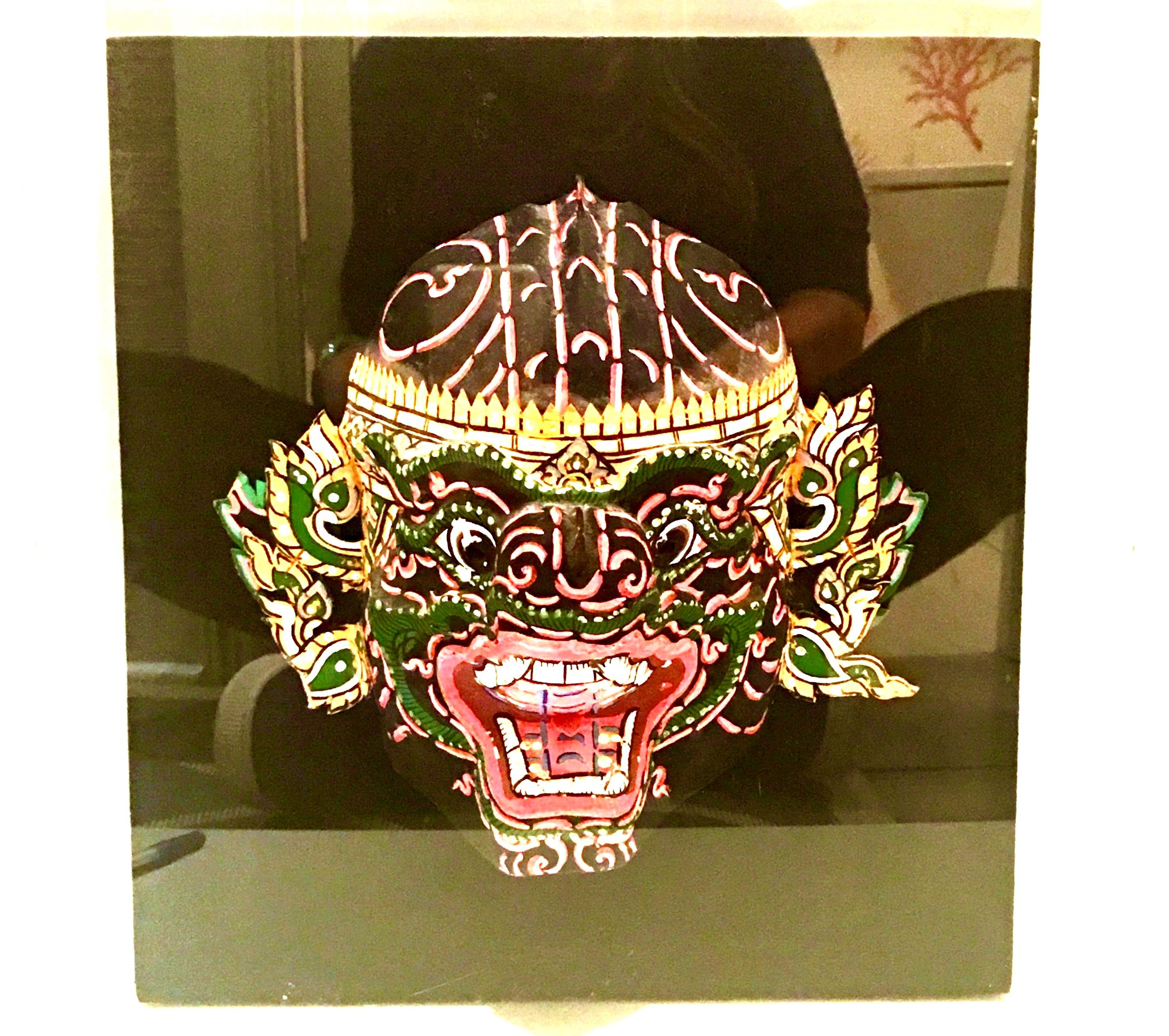 Pair of 20th Century Lucite Shadow Box Mounted Hand Painted Tribal Masks For Sale 5