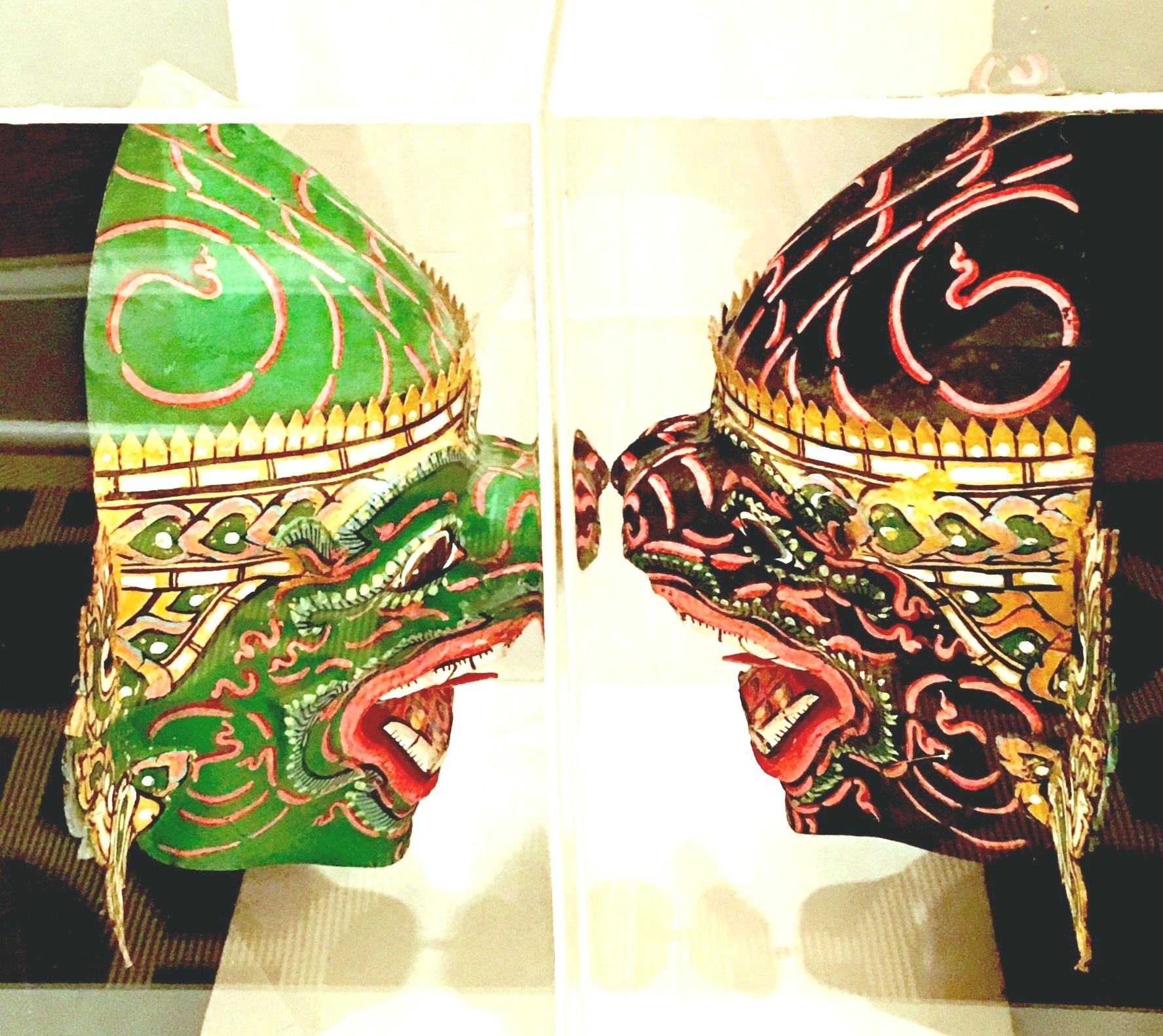 Pair Of 20th Century Lucite Shadow Box Mounted Hand-Painted Tribal Masks For Sale 1