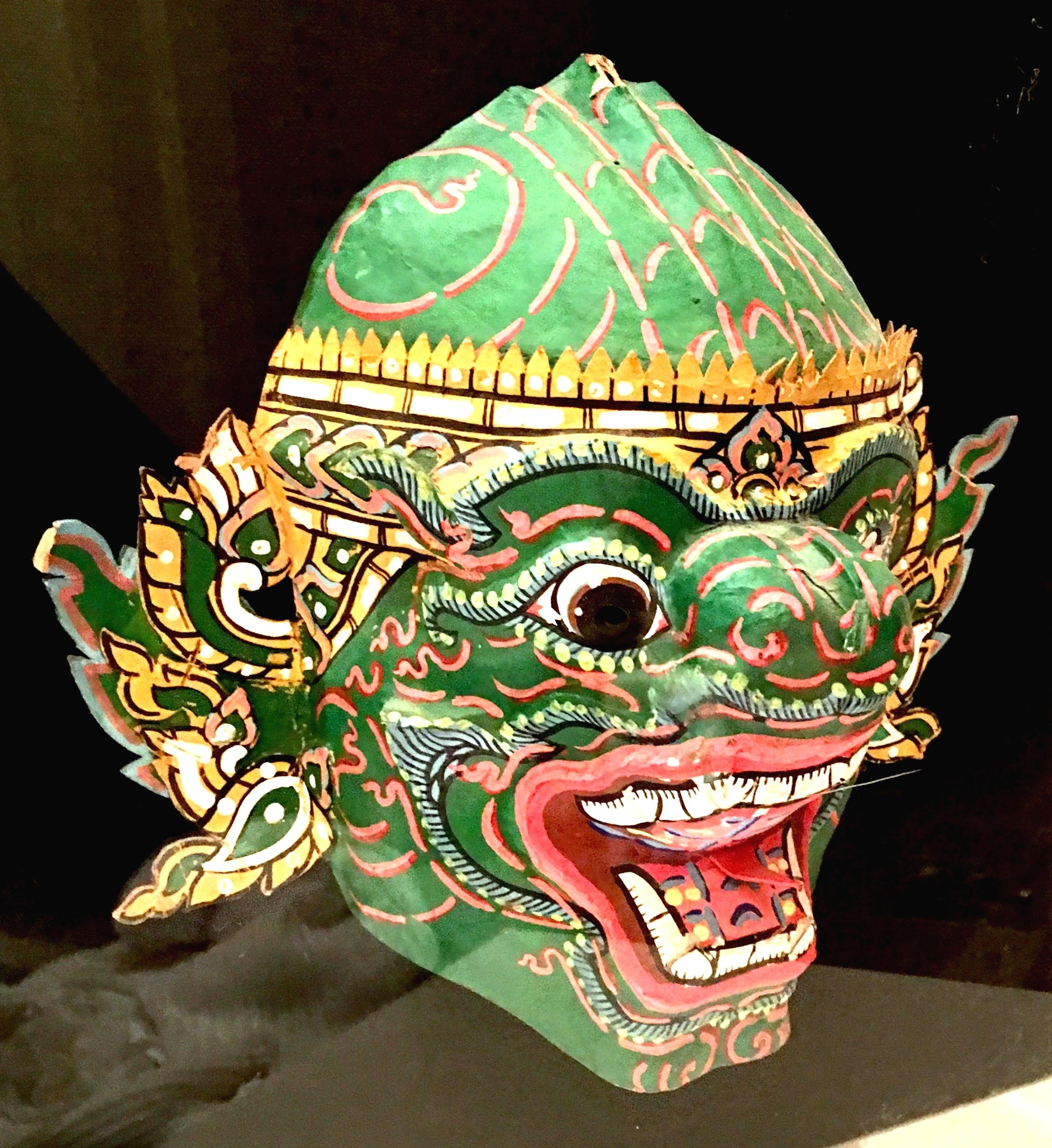 Linen Pair of 20th Century Lucite Shadow Box Mounted Hand Painted Tribal Masks For Sale