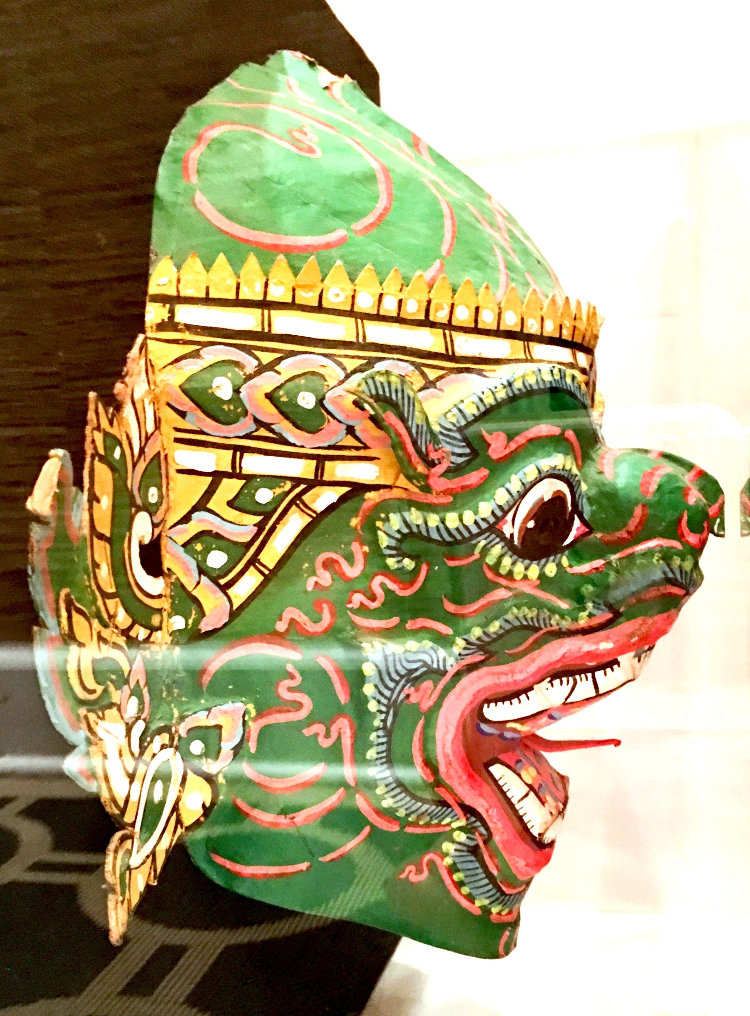 Pair of 20th Century Lucite Shadow Box Mounted Hand Painted Tribal Masks For Sale 1