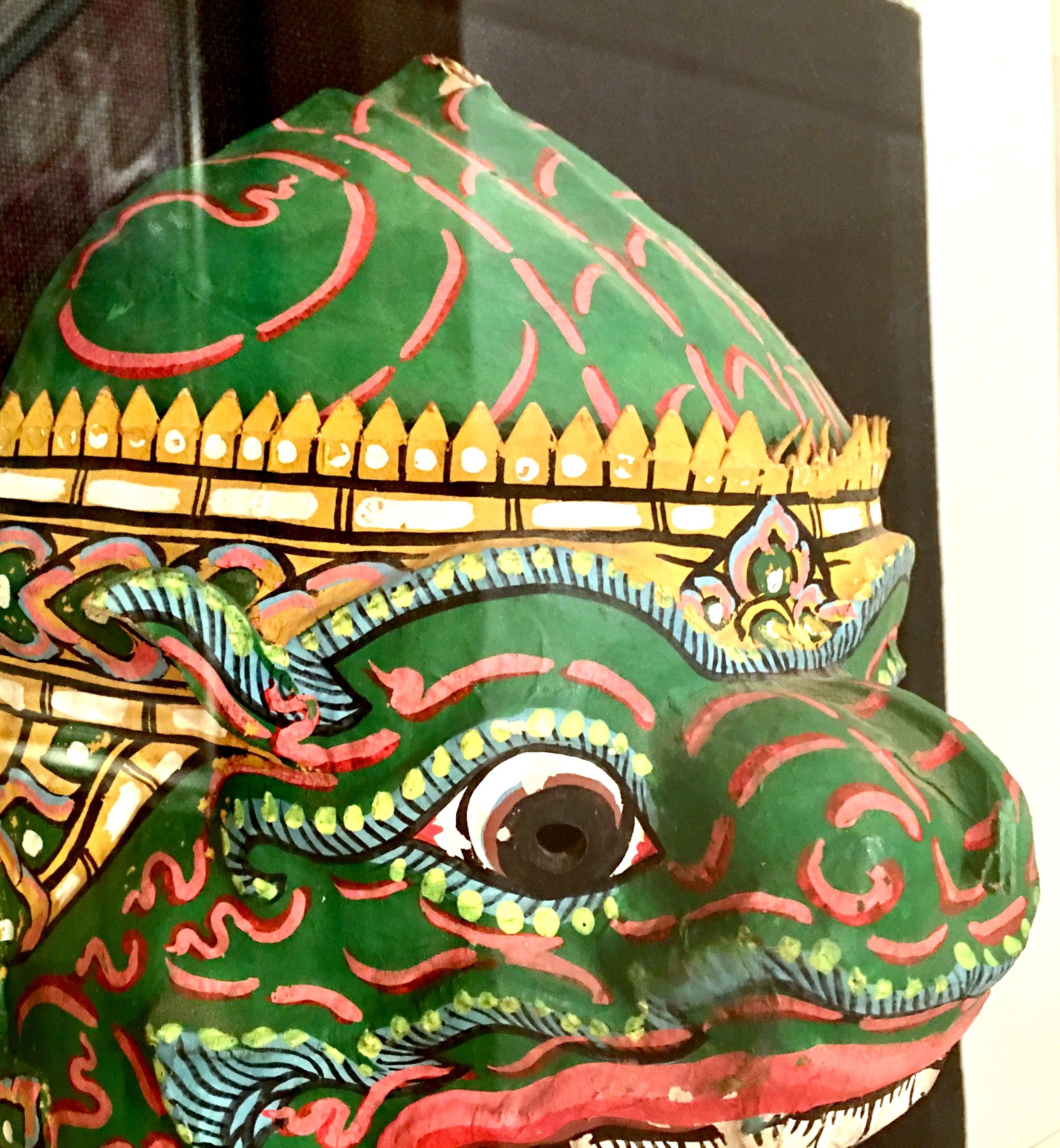 Pair of 20th Century Lucite Shadow Box Mounted Hand Painted Tribal Masks For Sale 2