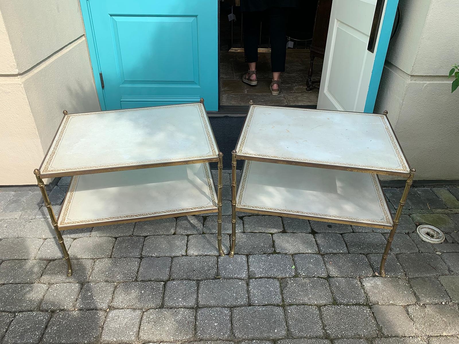 Pair of 20th Century Maison Baguès White Embossed Leather Top Two-Tier Tables 1