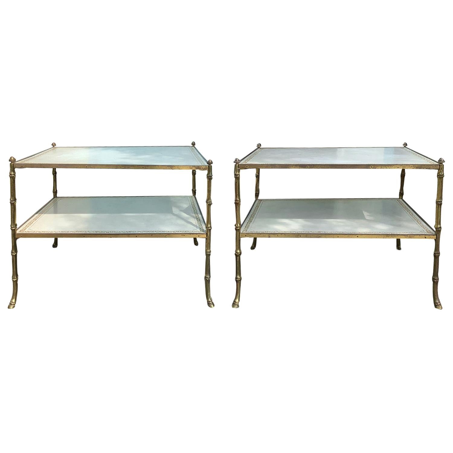 Pair of 20th Century Maison Baguès White Embossed Leather Top Two-Tier Tables