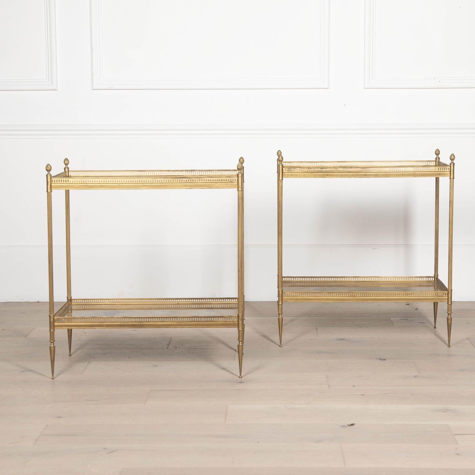 Pair of 20th century fabulous French Maison Jansen brass and eglomise mirror side/end tables.