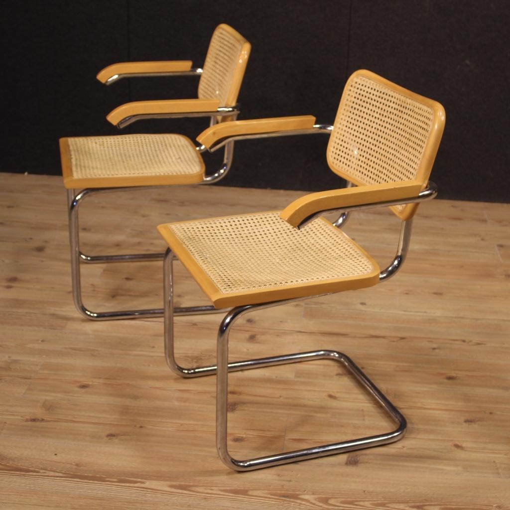 Pair of 20th Century Metal Wood and Cane Italian Design Armchairs, 1980 4