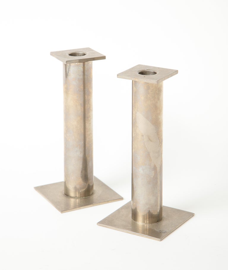 Pair of 20th Century Modernist Chrome Candle Holders For Sale 6