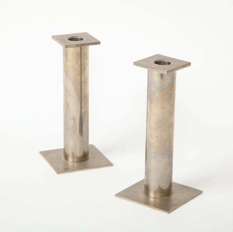 Pair of 20th Century Modernist Chrome Candle Holders In Good Condition For Sale In New York City, NY