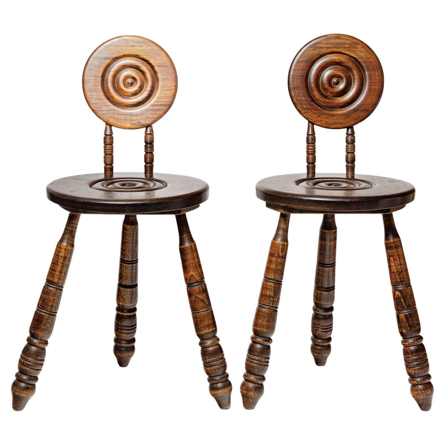 Pair of 20th century modernist wood low chairs or stools 1950 french design For Sale
