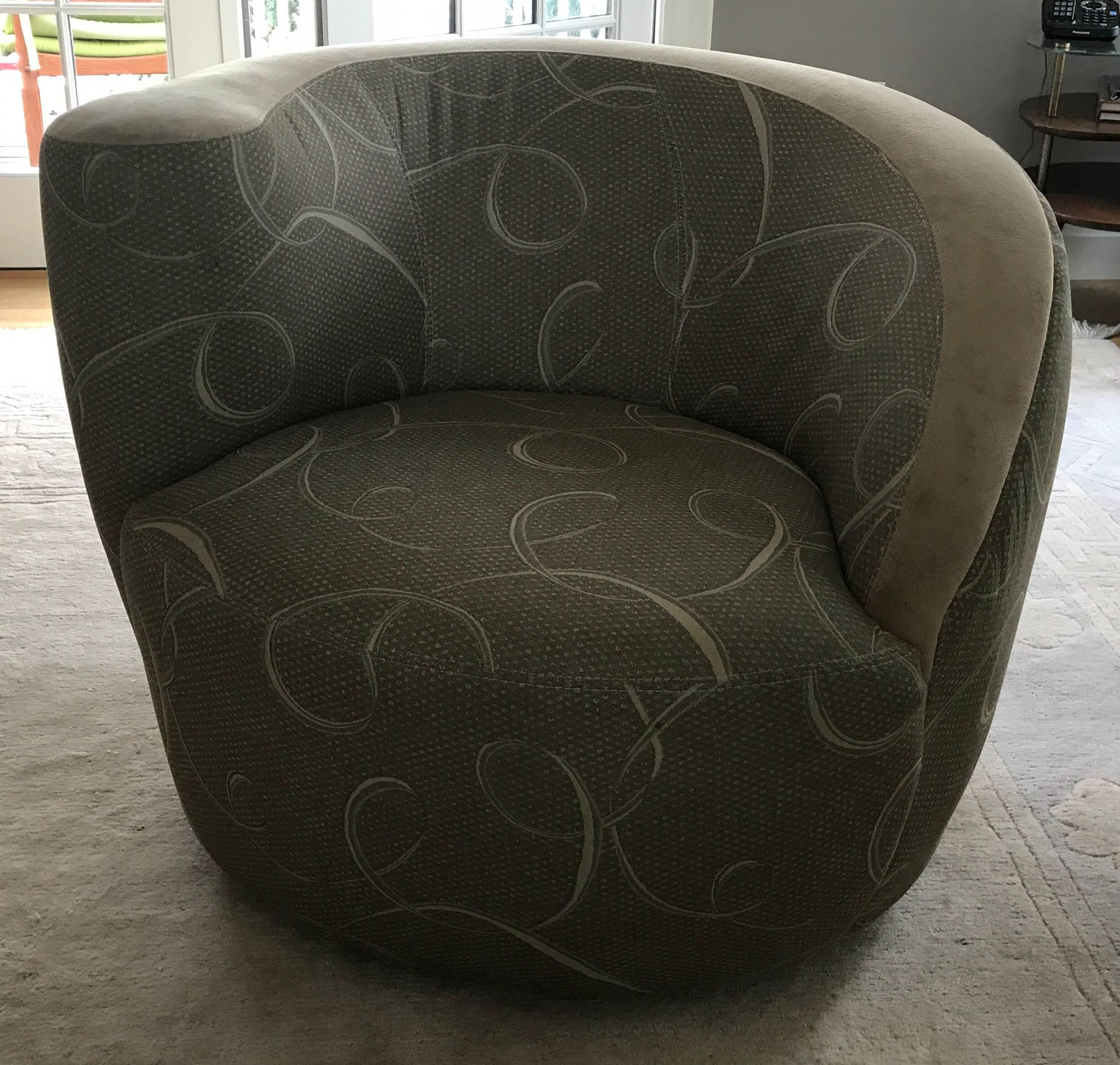 Pair of lounge chairs in beige and taupe fabric. In good but used condition.
  