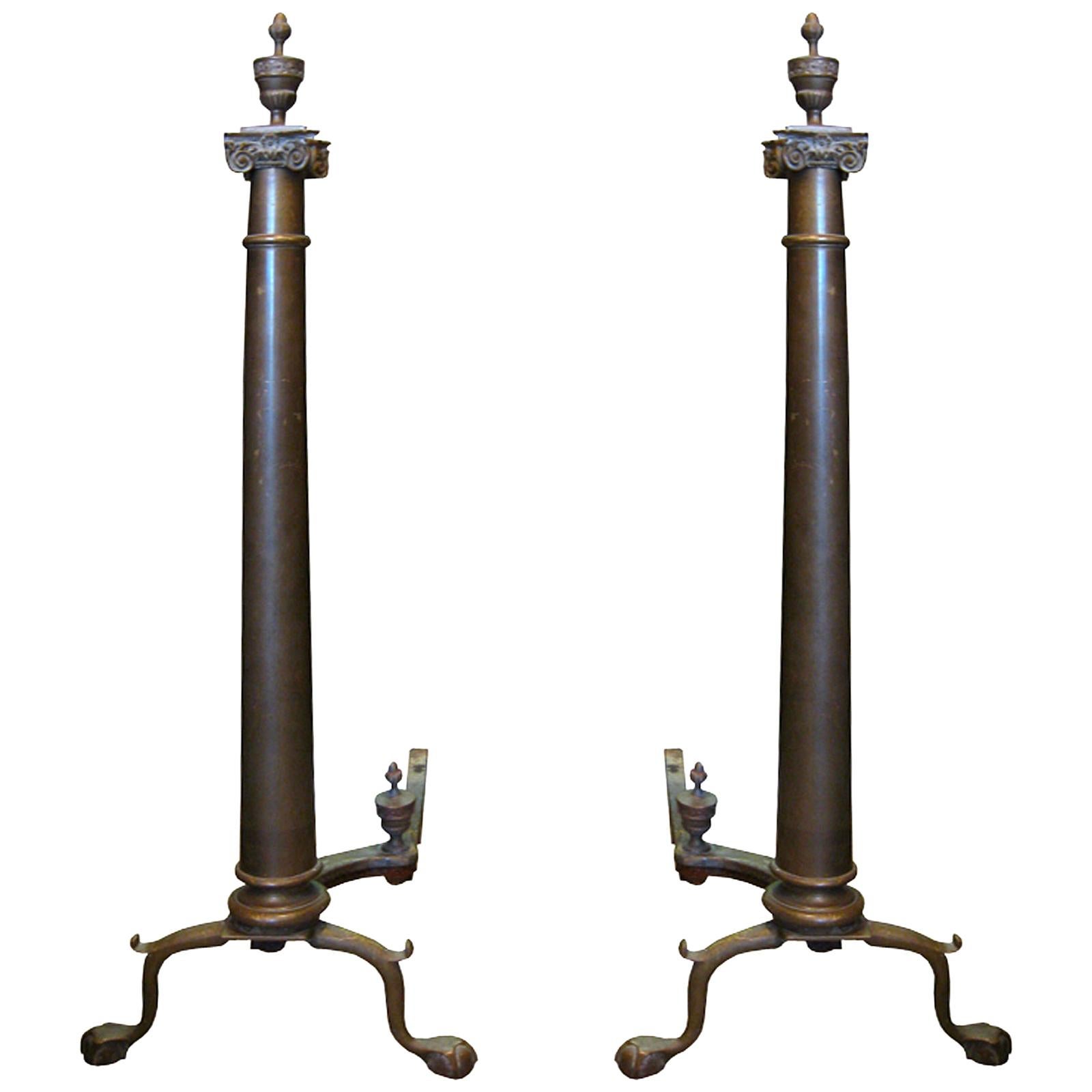 Pair of 20th Century Neoclassical Column Bronze Andirons with Acorn Finials