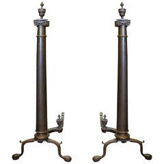Pair of 20th Century Neoclassical Column Bronze Andirons with Acorn Finials