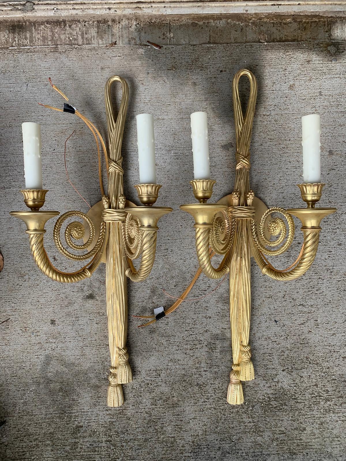 Pair of 20th century neoclassical gilt bronze two-arm sconces
Brand new wiring.