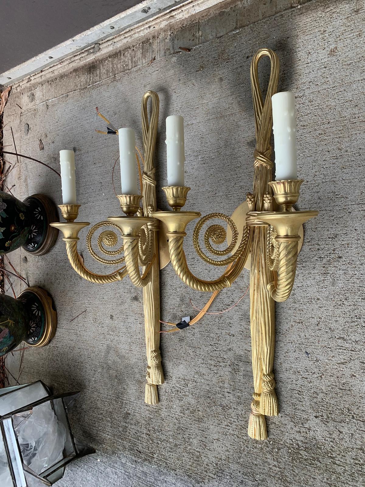 Pair of 20th Century Neoclassical Gilt Bronze Two-Arm Sconces 5