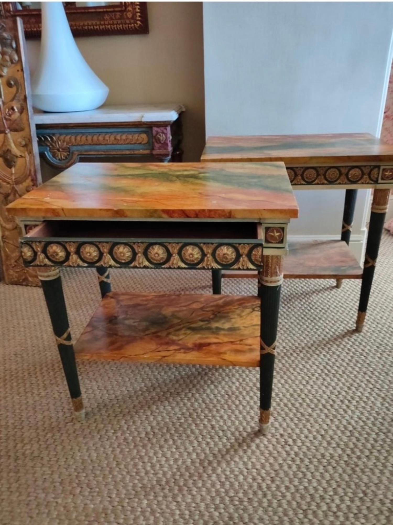 Pair of 20th Century Neoclassical Hand Painted One Drawer Side Tables For Sale 4